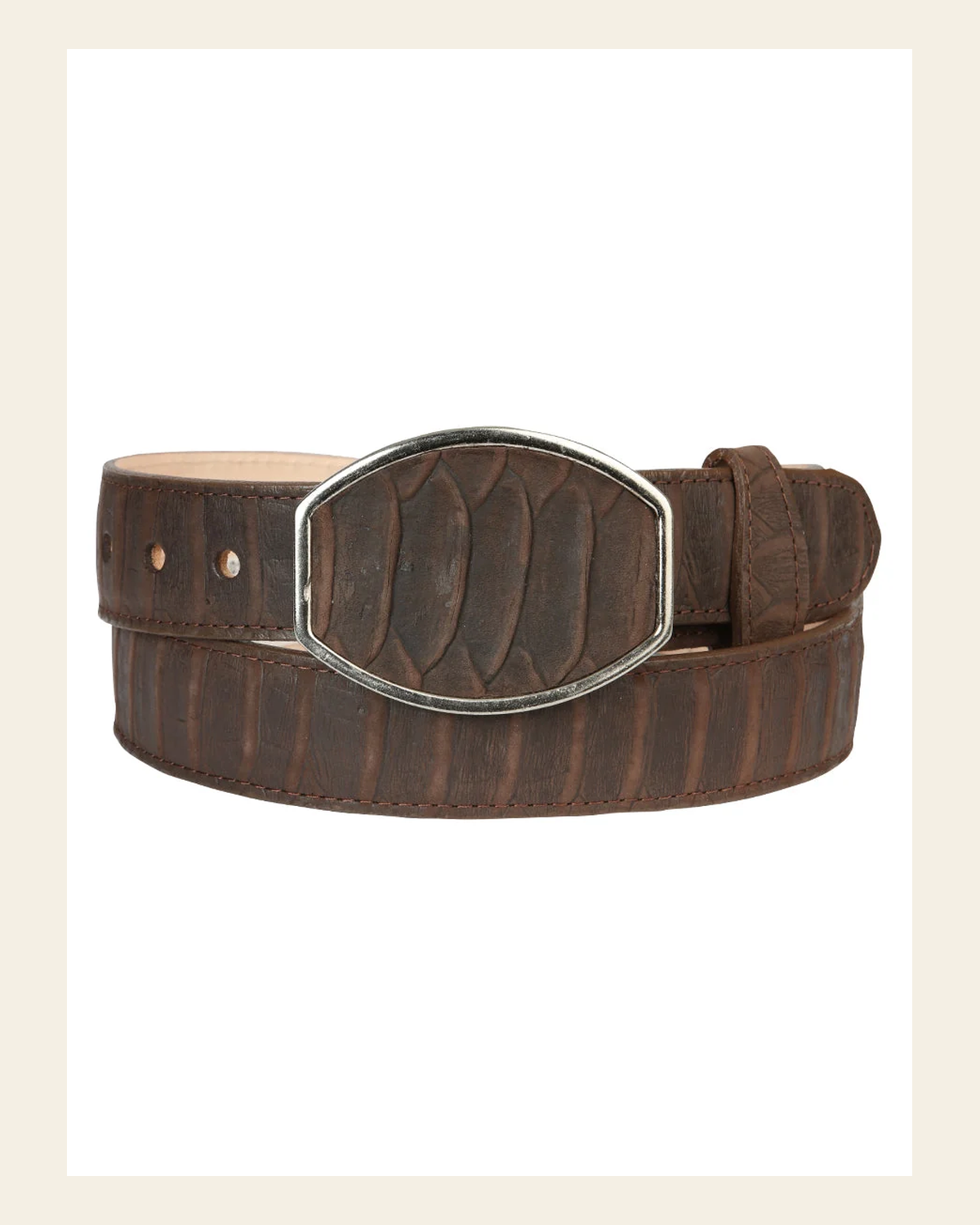 Men’s Western Belt El General Imitation Python - Brown 45570 on a warm cream background