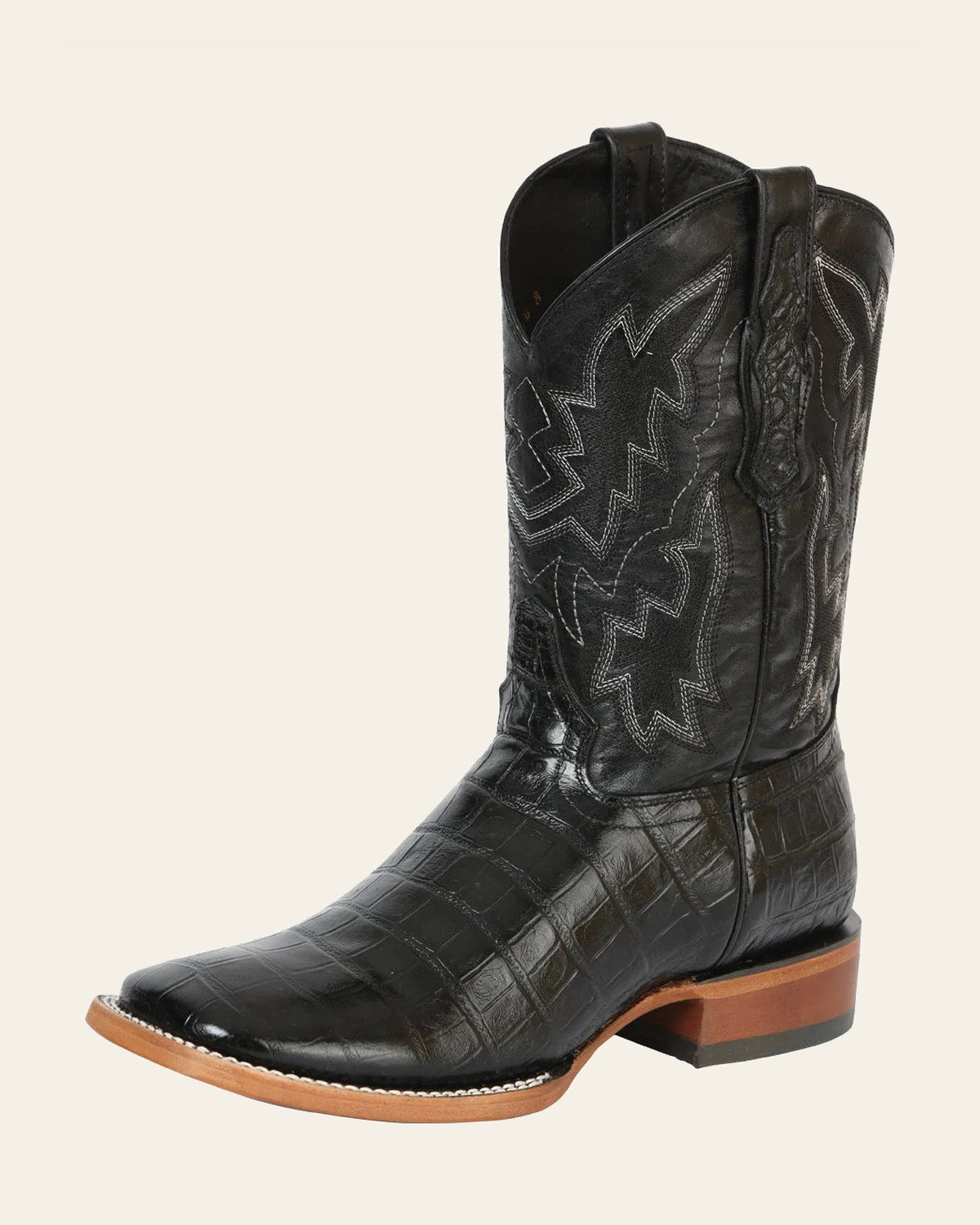 Men’s Western Boot Print Caiman Belly 100 Años - Black 43633 on a warm cream background
