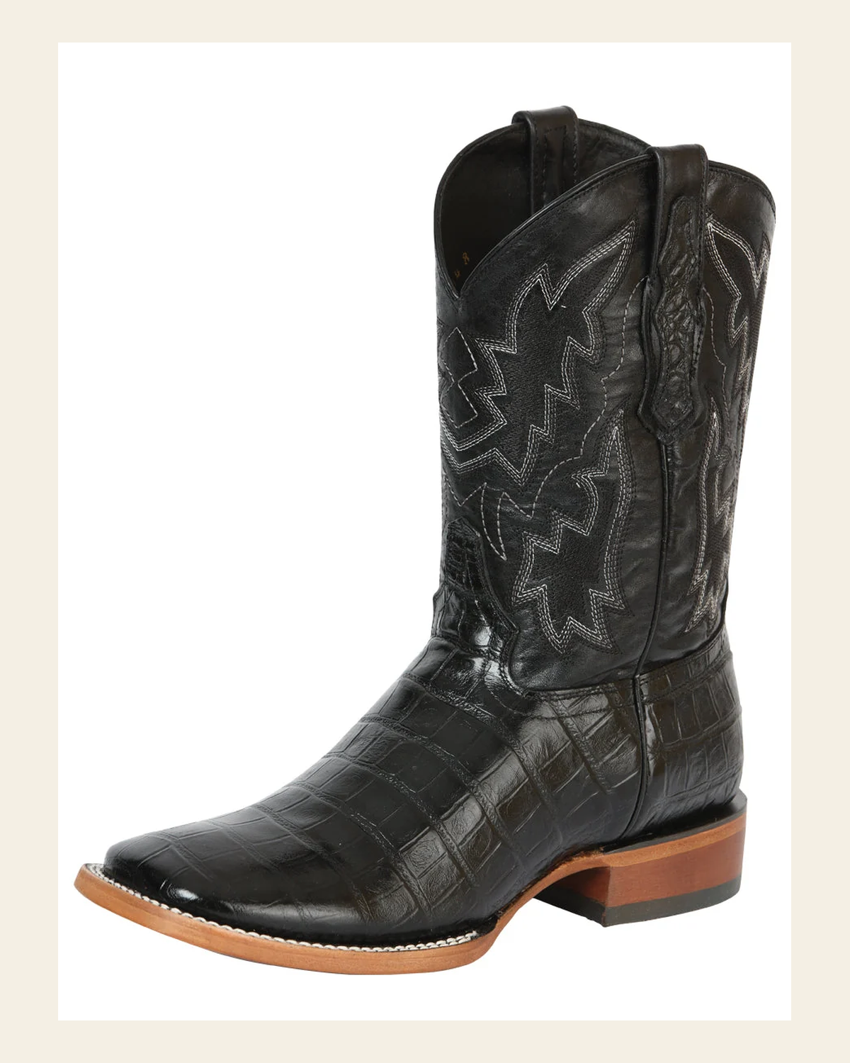 Men’s Western Boot Print Caiman Belly 100 Años - Black 43633 on a warm cream background