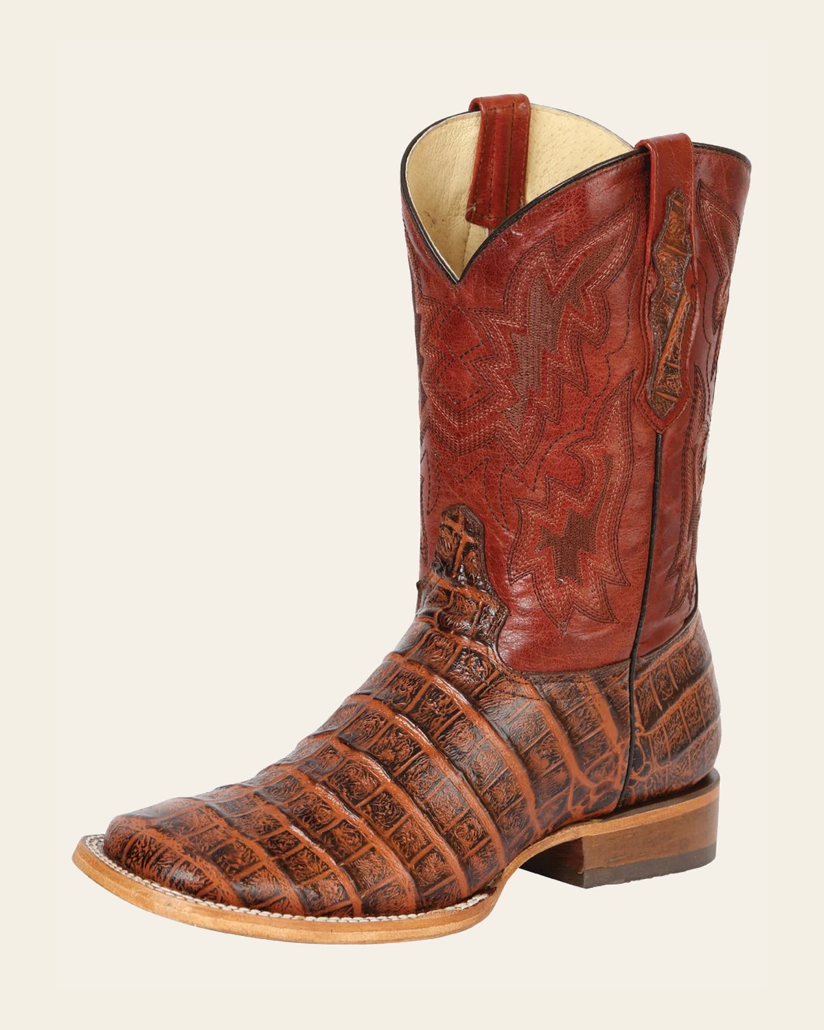 Men’s Western Boot Print Caiman Belly 100 Años - Brandy 43630 on a warm cream background