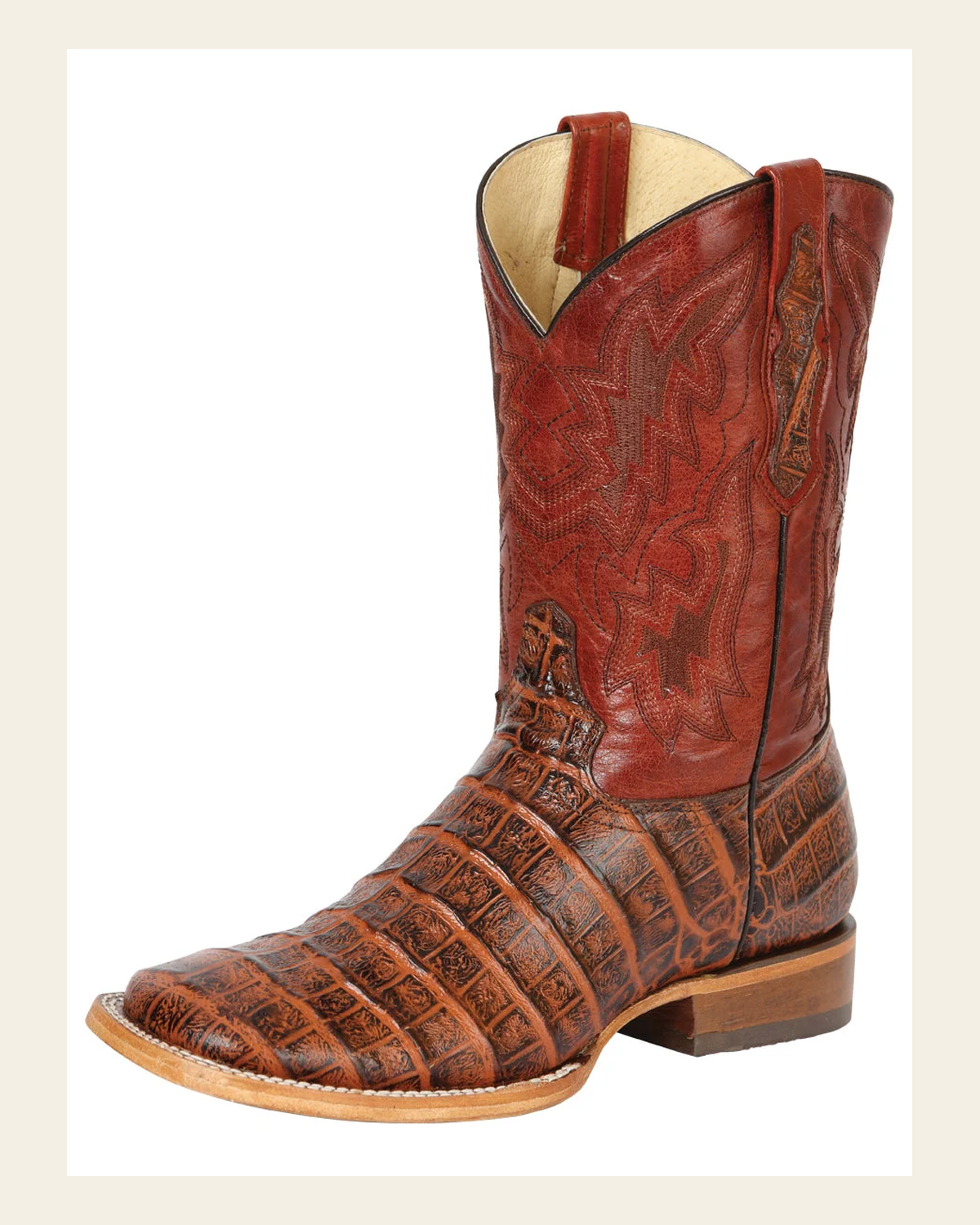 Men’s Western Boot Print Caiman Belly 100 Años - Brandy 43630 on a warm cream background