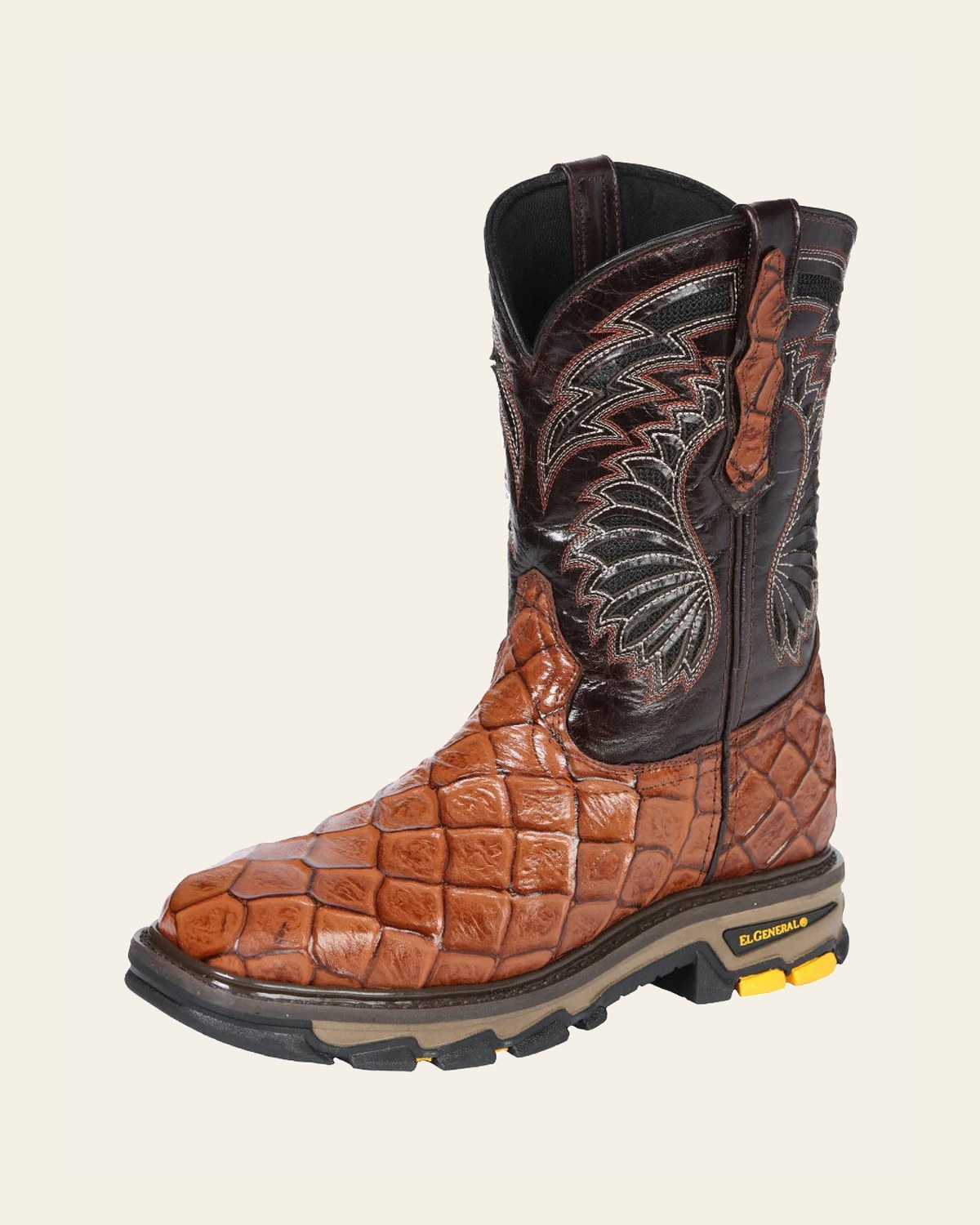 El General Men's Leather Work Boots - Made In Mexico - Embossed Monster Fish Print - Cognac 45808 on a warm cream background