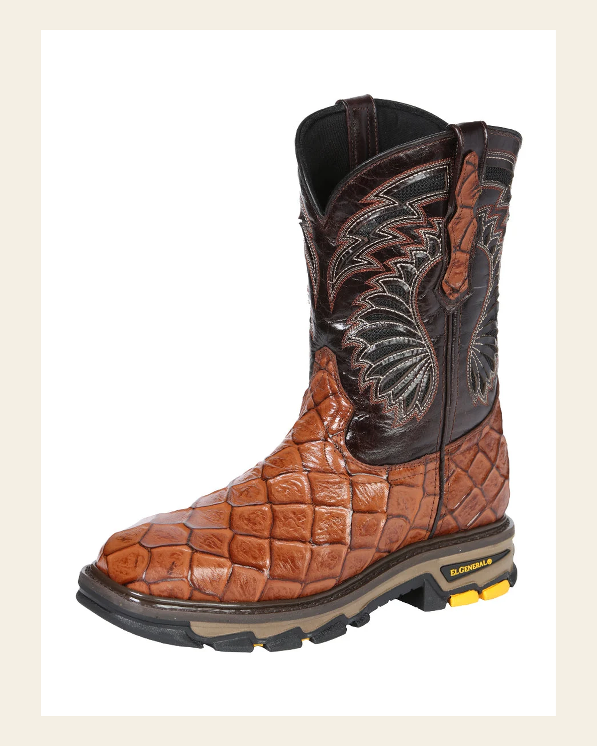 El General Men's Leather Work Boots - Made In Mexico - Embossed Monster Fish Print - Cognac 45808 on a warm cream background