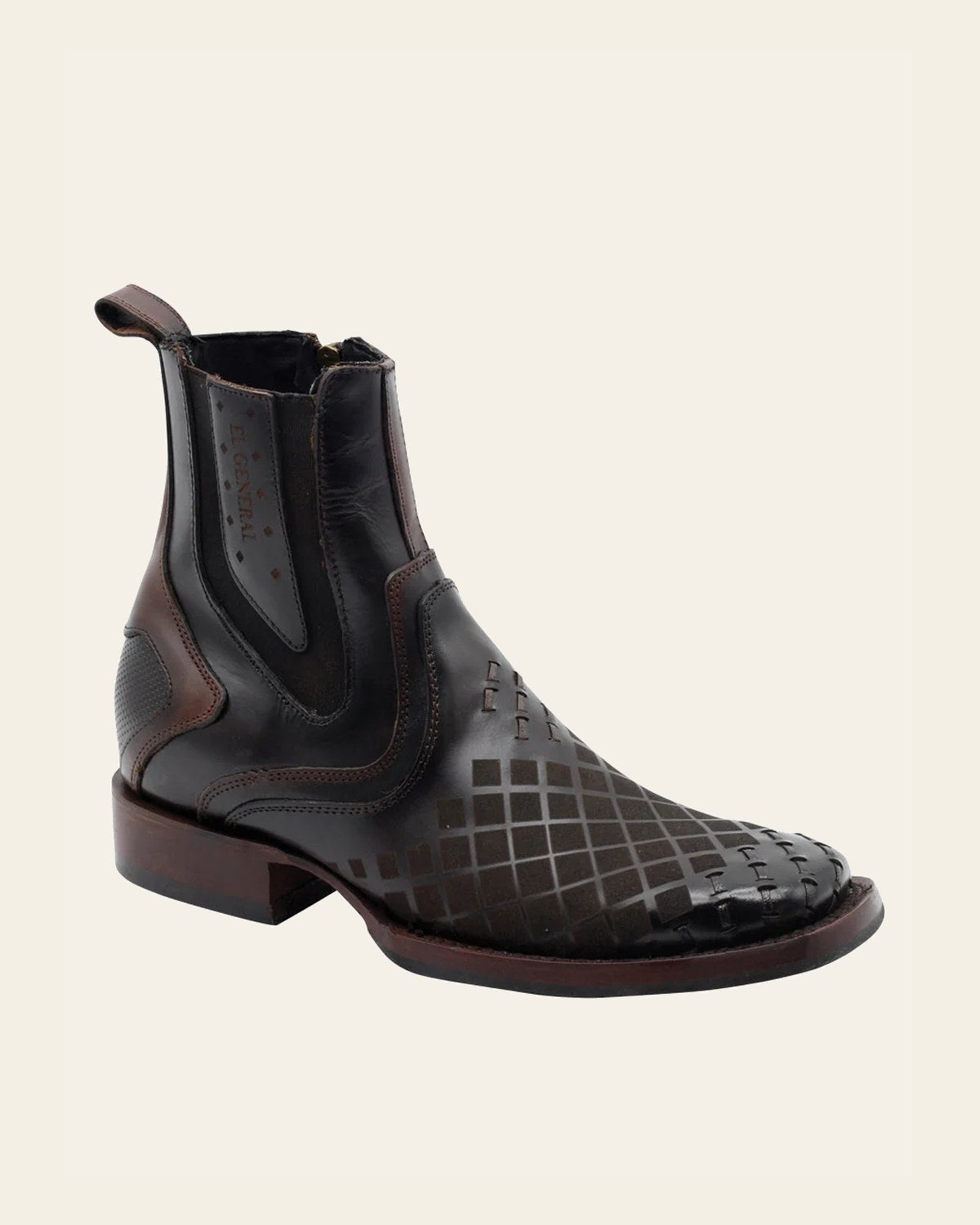 El General Men's Leather Ankle Boot with Zipper - Made in Mexico - Tobacco Brown 45673 on a warm cream background