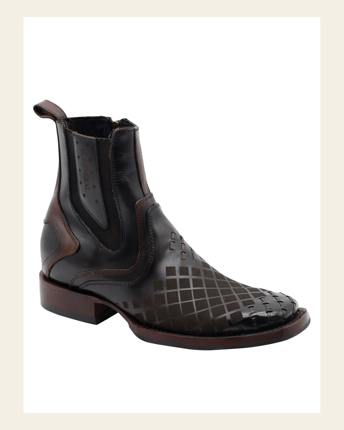 El General Men's Leather Ankle Boot with Zipper - Made in Mexico - Tobacco Brown 45673 on a warm cream background