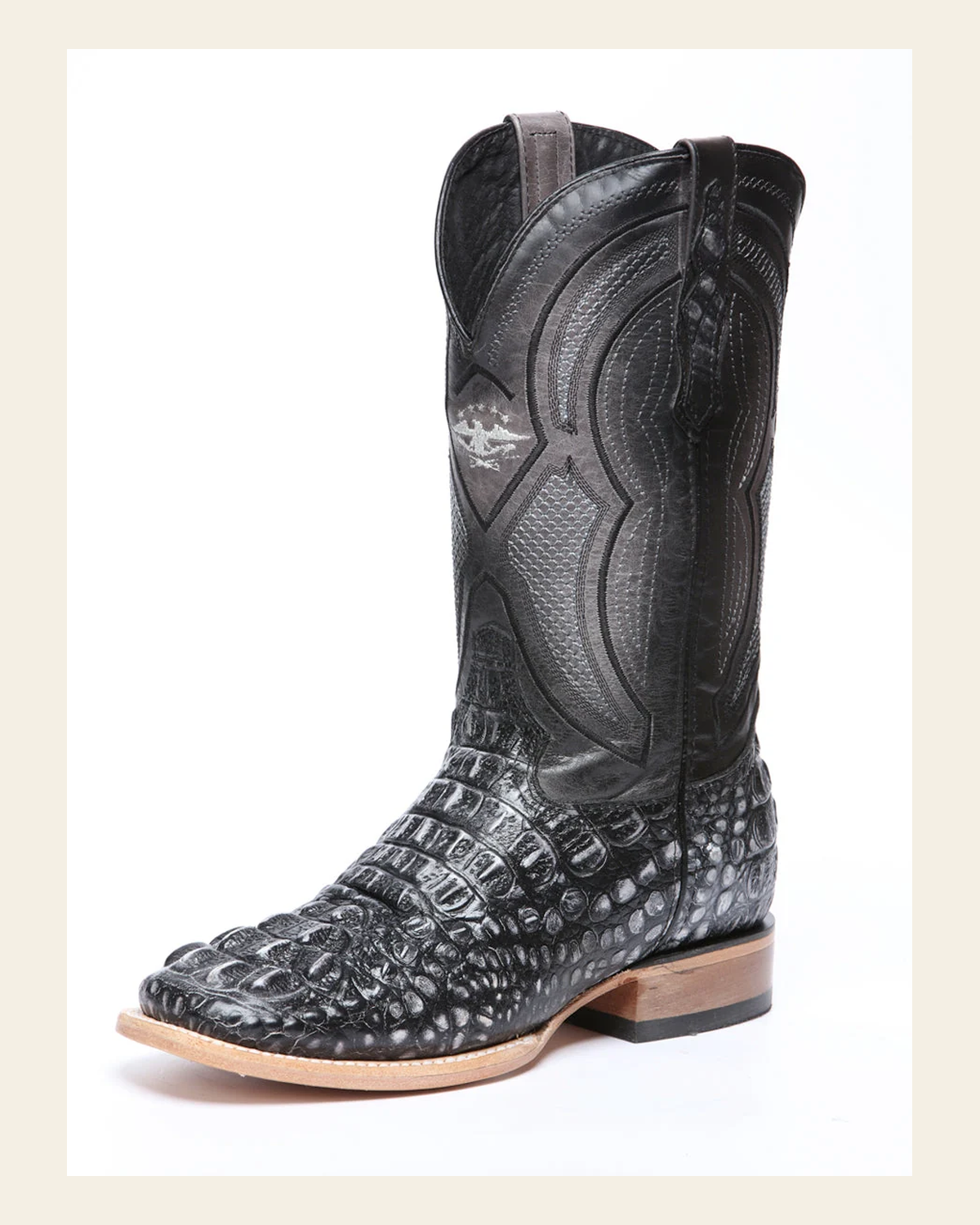 El General Men’s Leather Cowboy Boot - Made in Mexico - Embossed Alligator Crocodile Print - Grey/Black 45928 on a warm cream background