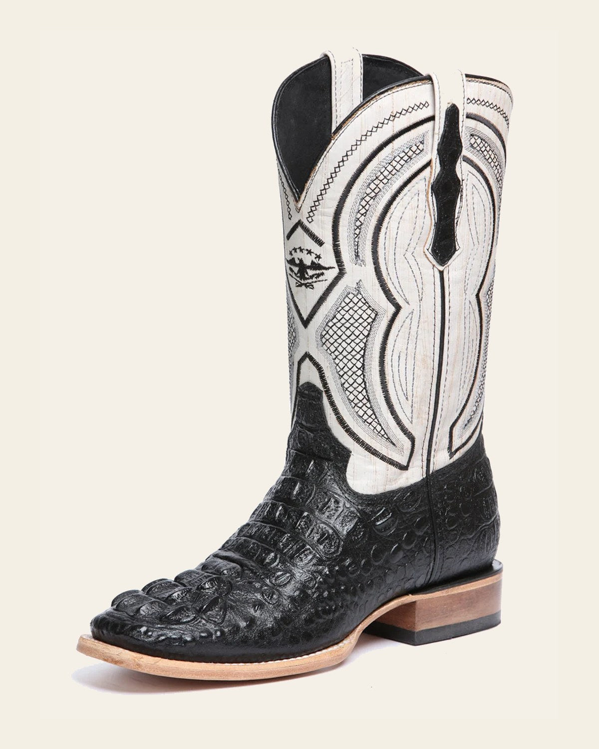 El General Men’s Leather Cowboy Boot - Made in Mexico - Embossed Alligator Crocodile Print - Black on a warm cream background