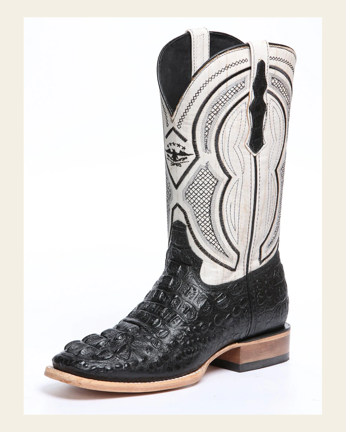 El General Men’s Leather Cowboy Boot - Made in Mexico - Embossed Alligator Crocodile Print - Black 45929 on a warm cream background