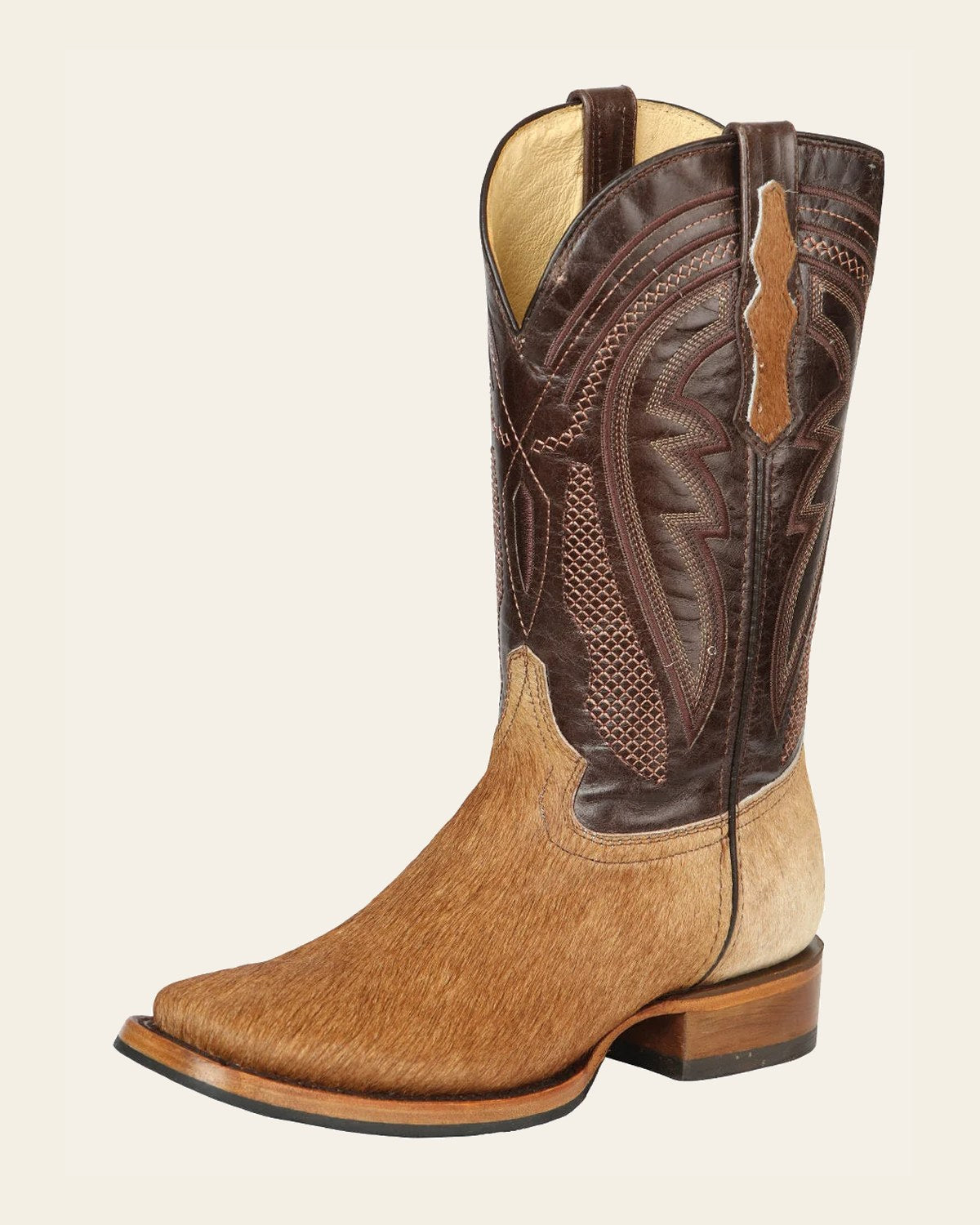 El General Men’s Leather Cowboy Boot -Made in Mexico - Cowhide Honey Brown 45669 on a warm cream background