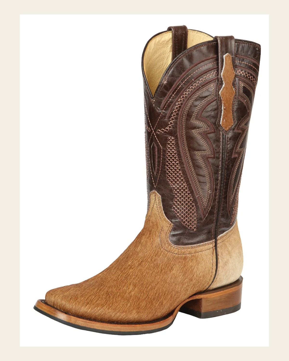El General Men’s Leather Cowboy Boot -Made in Mexico - Cowhide Honey Brown 45669 on a warm cream background