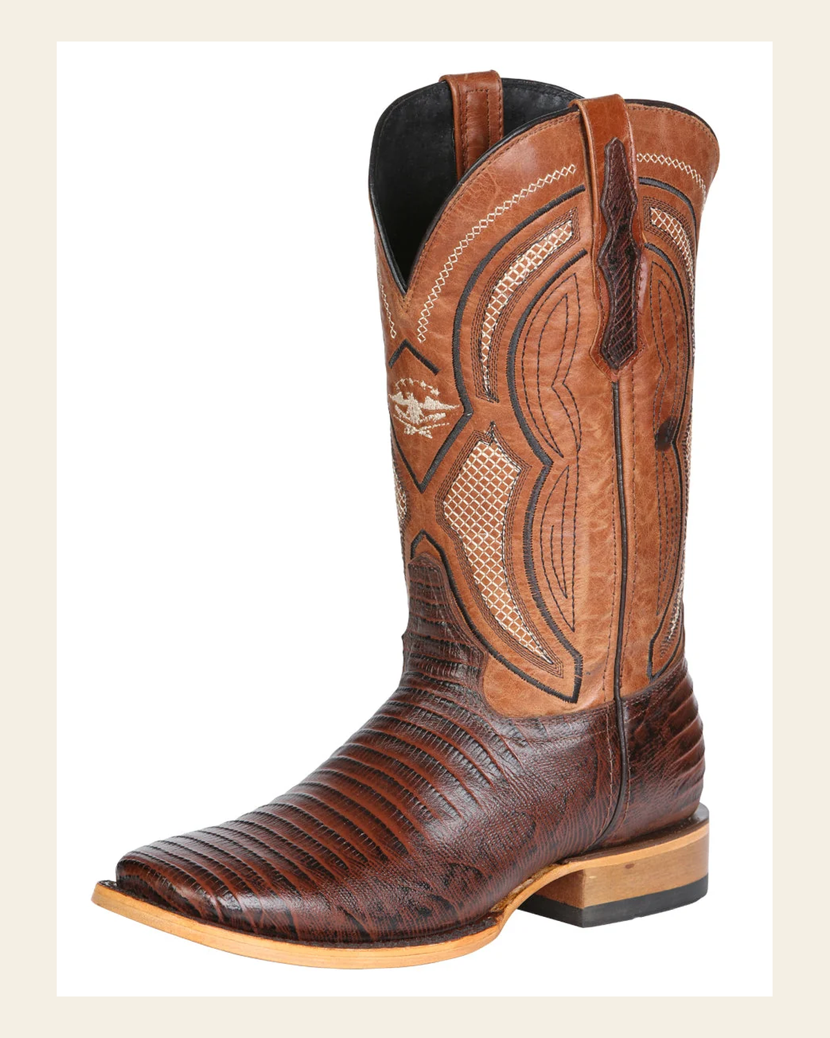 El General Men’s Leather Cowboy Boot - Embossed Lizard Print - Brown 45931 on a warm cream background