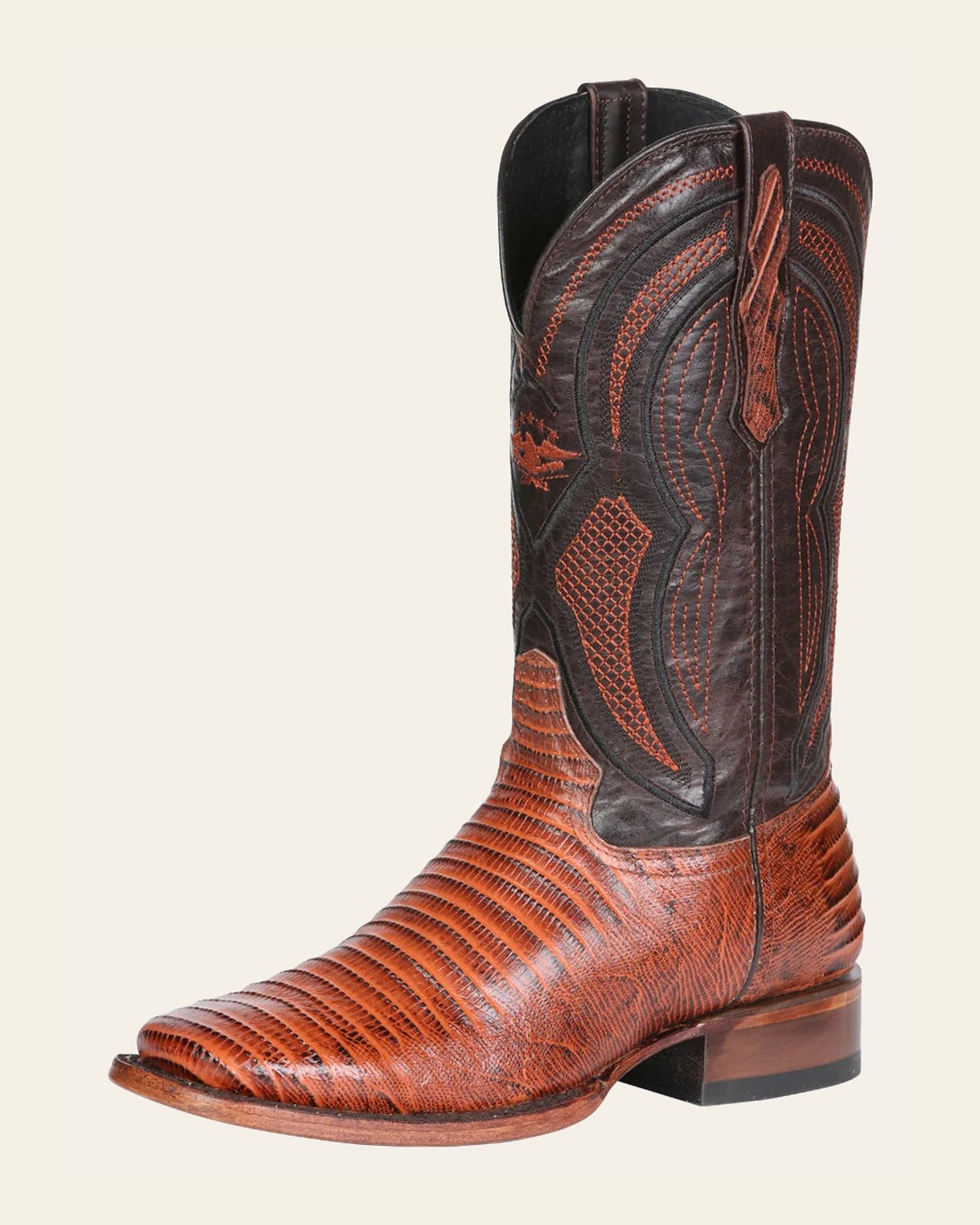 El General Men’s Leather Cowboy Boot - Embossed Lizard Print- Cognac 45930 on a warm cream background
