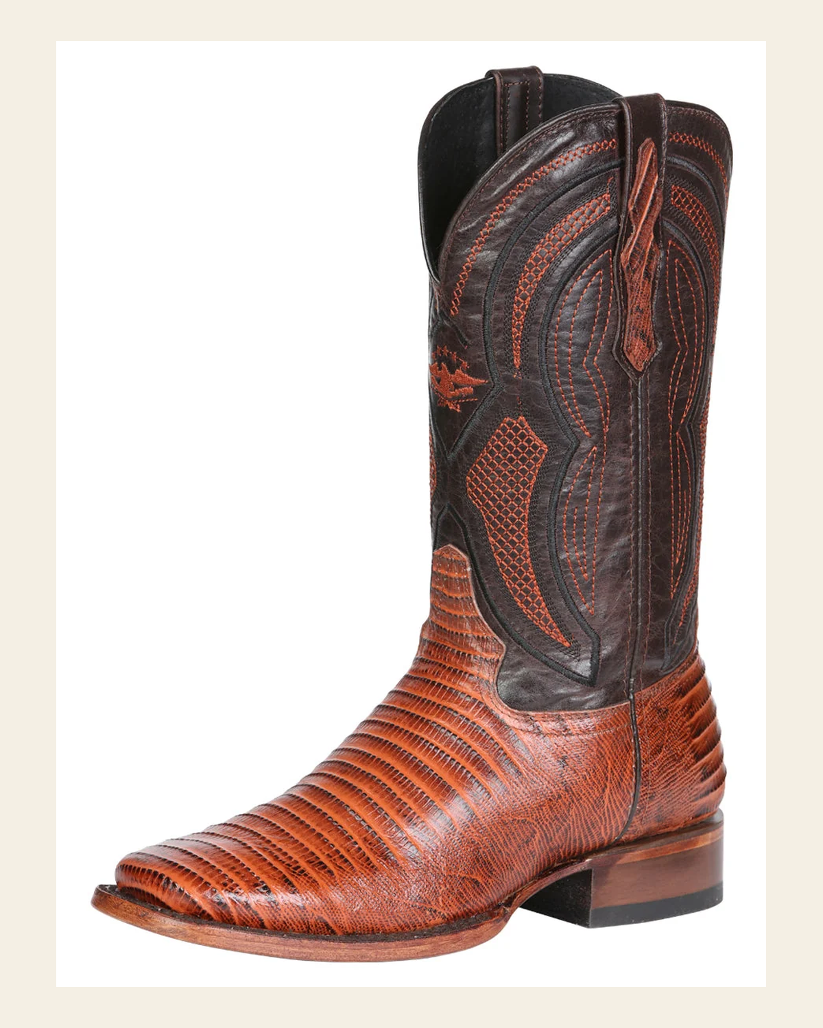 El General Men’s Leather Cowboy Boot - Embossed Lizard Print- Cognac 45930 on a warm cream background