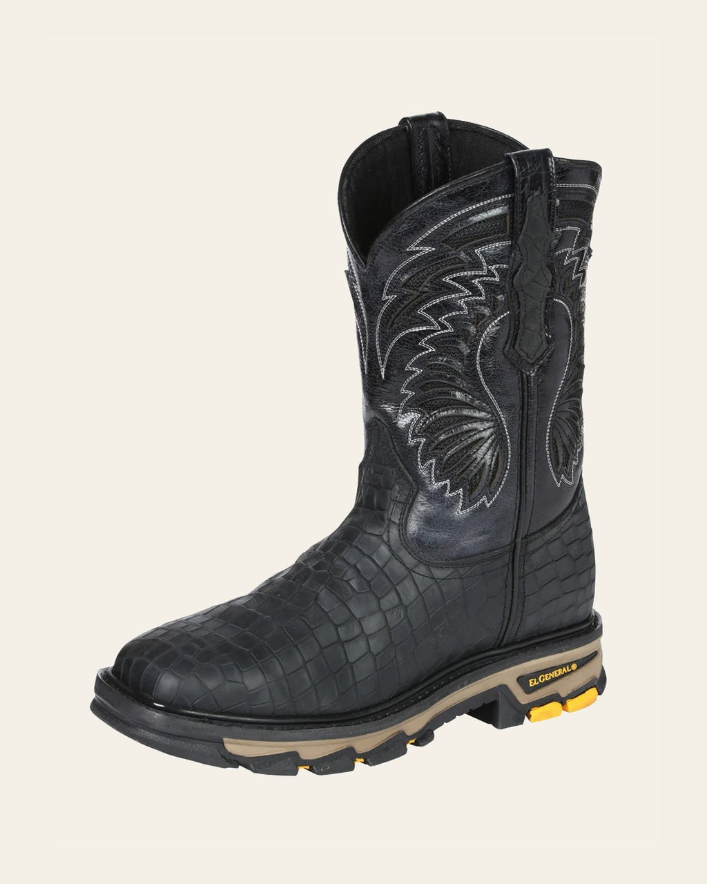 El General Men's Leather Work Boots - Made In Mexico - Embossed Caiman Print - Black 45810 on a warm cream background