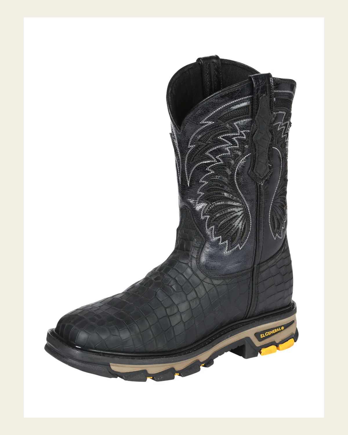 El General Men's Leather Work Boots - Made In Mexico - Embossed Caiman Print - Black 45810 on a warm cream background