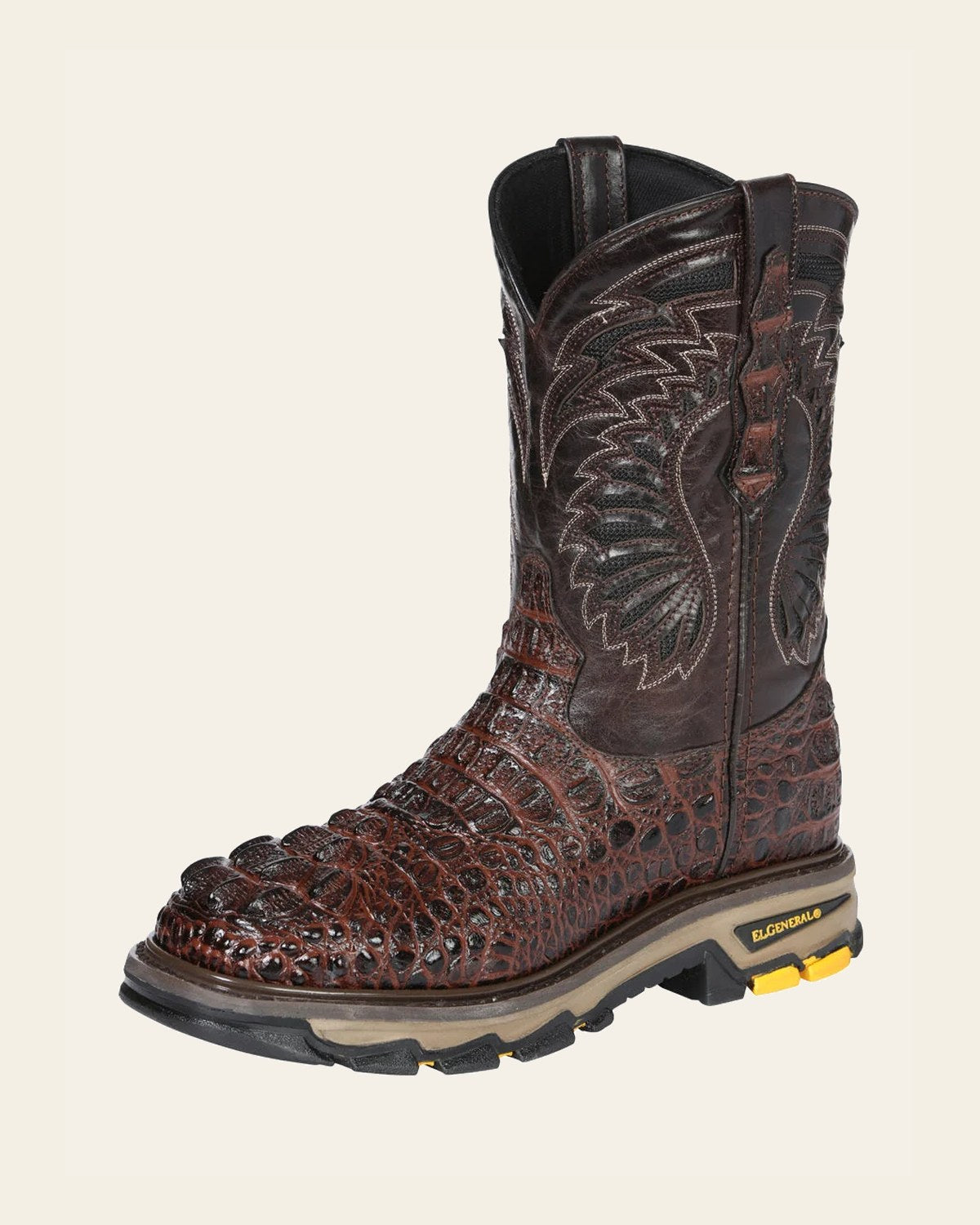 El General Men's Leather Work Boots - Made In Mexico - Embossed Caiman Print - Brown 45813 on a warm cream background