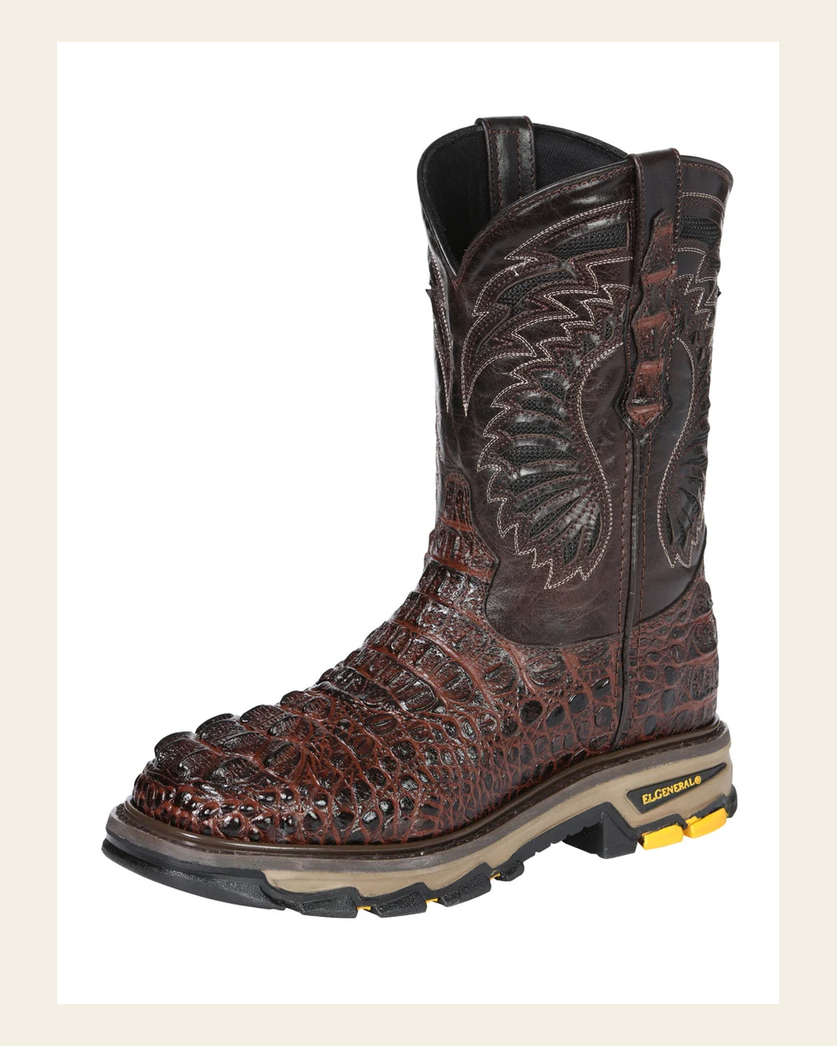 El General Men's Leather Work Boots - Made In Mexico - Embossed Caiman Print - Brown 45813 on a warm cream background