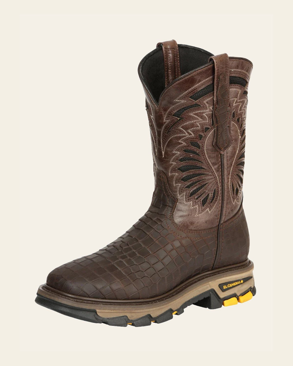 El General Men's Leather Work Boots - Made In Mexico - Embossed Caiman Print - Choco 45809 on a warm cream background
