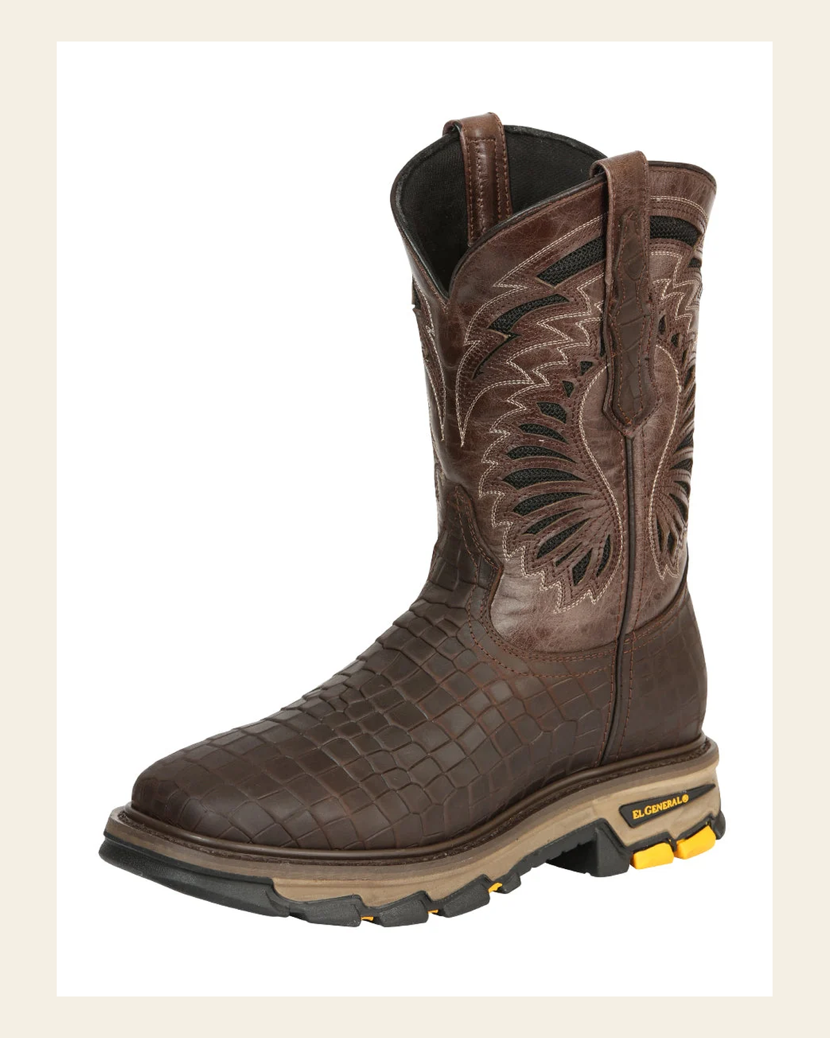 El General Men's Leather Work Boots - Made In Mexico - Embossed Caiman Print - Choco 45809 on a warm cream background