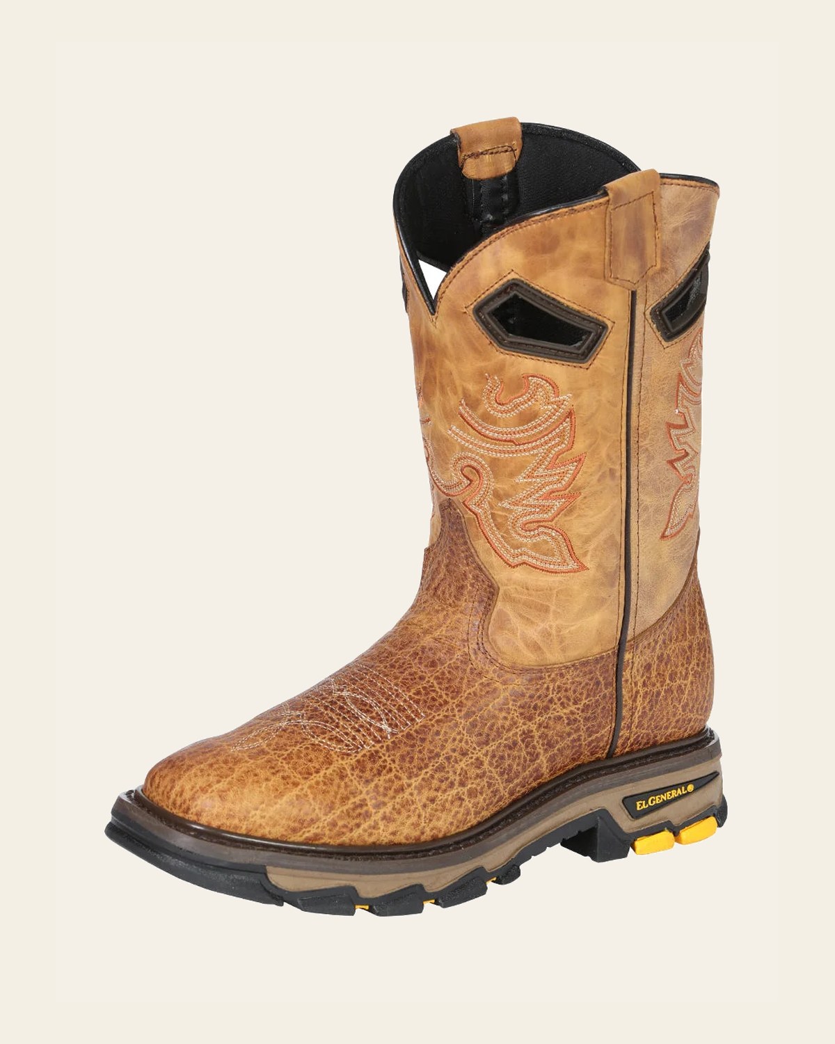 El General Men's Leather Work Boots - Made In Mexico - Embossed Elephant Print - Honey 45807 on a warm cream background