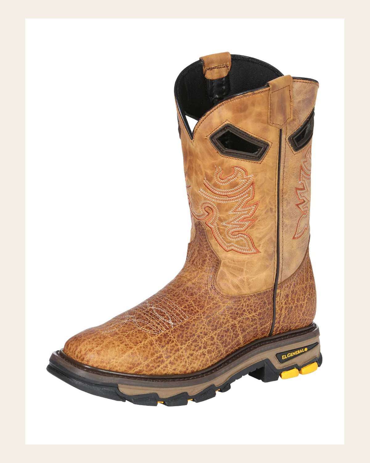 El General Men's Leather Work Boots - Made In Mexico - Embossed Elephant Print - Honey 45807 on a warm cream background