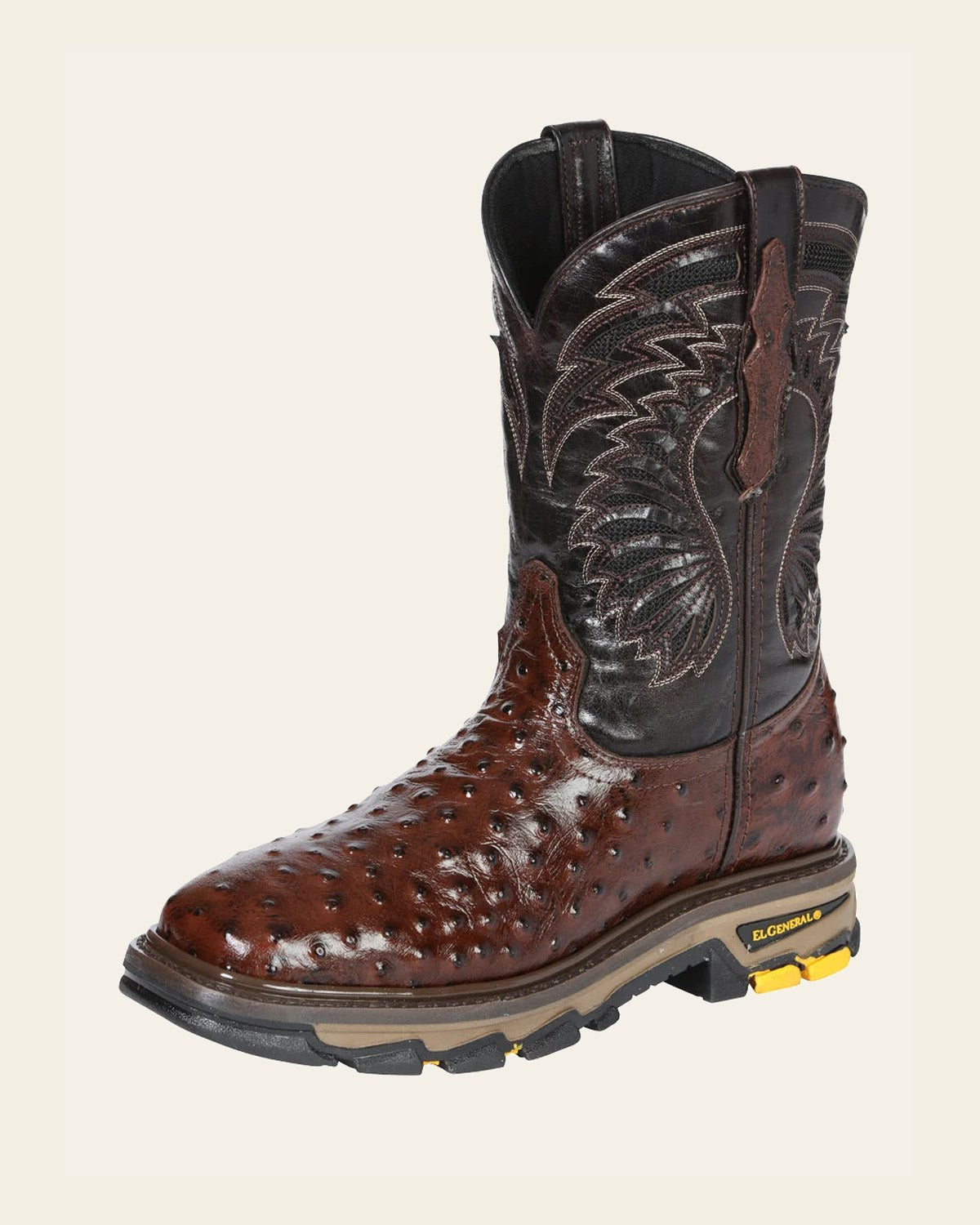 El General Men's Leather Work Boots - Made In Mexico - Embossed Ostrich Print - Brown 45814 on a warm cream background
