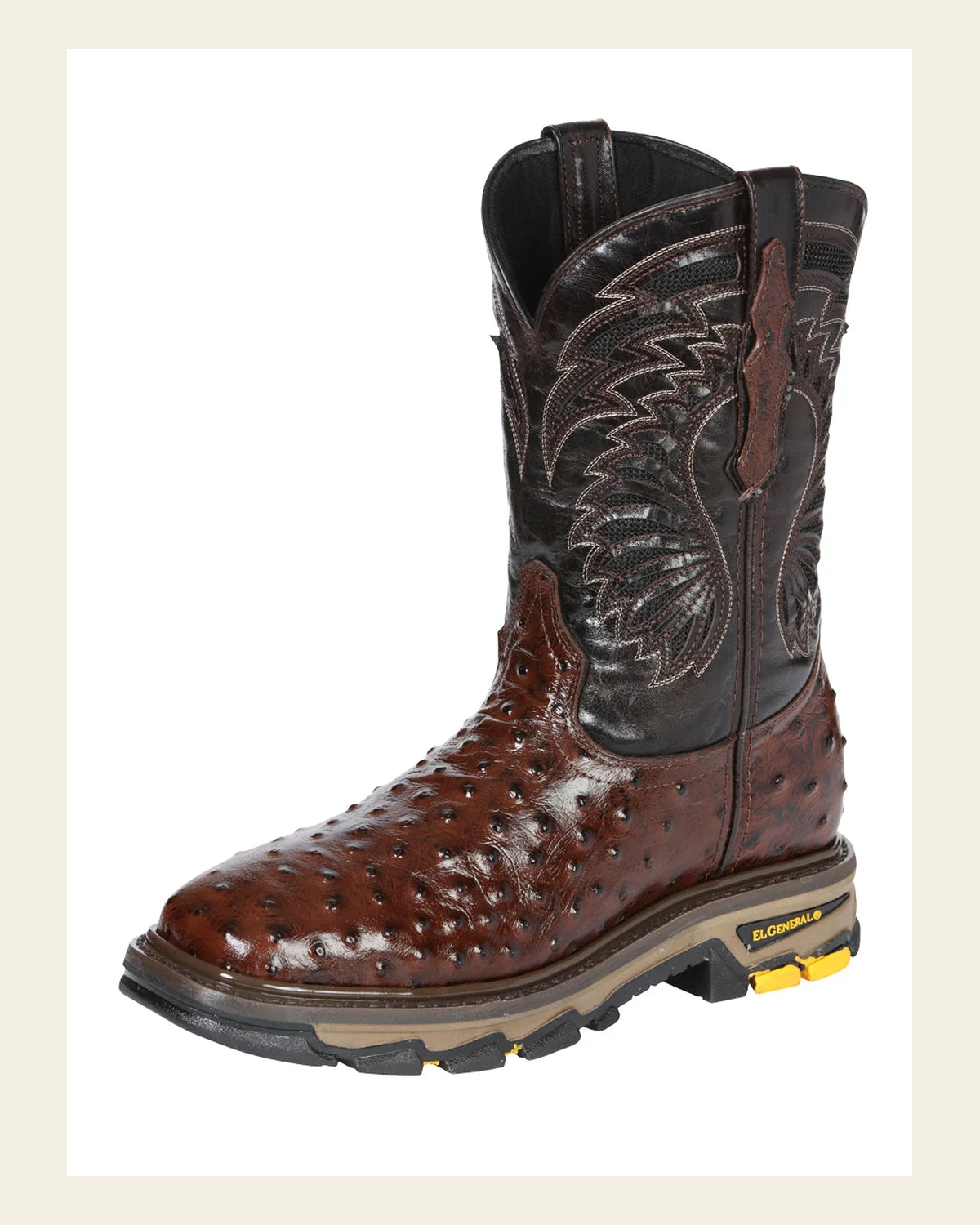 El General Men's Leather Work Boots - Made In Mexico - Embossed Ostrich Print - Brown 45814 on a warm cream background