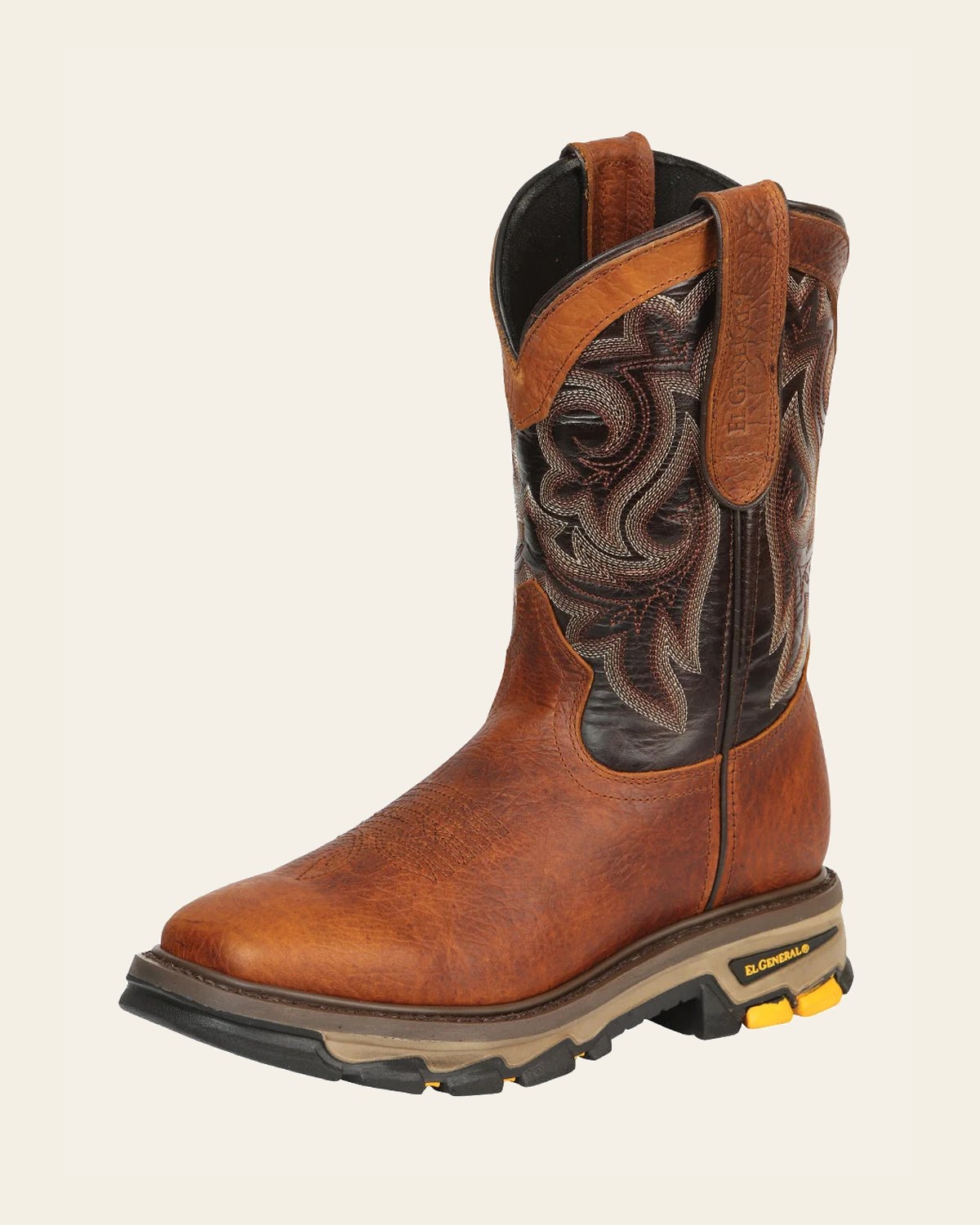 El General Men's Leather Work Boots - Made In Mexico - Redwood Brown 45806 on a warm cream background