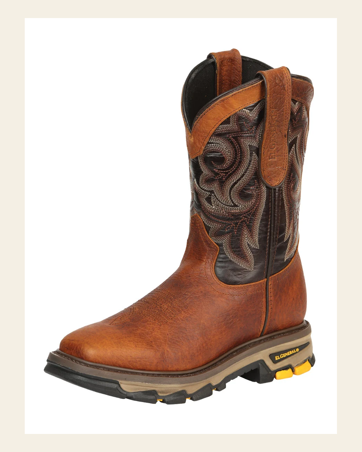 El General Men's Leather Work Boots - Made In Mexico - Redwood Brown 45806 on a warm cream background