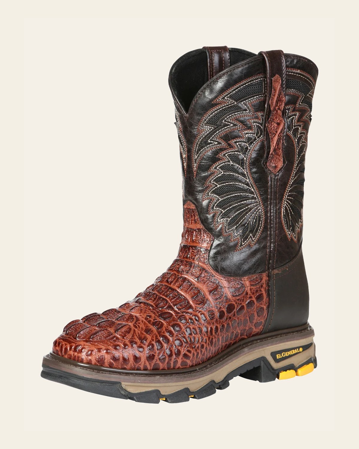 El General Men's Leather Work Boots - Made In Mexico - Embossed Caiman Print - Cognac 45815 on a warm cream background