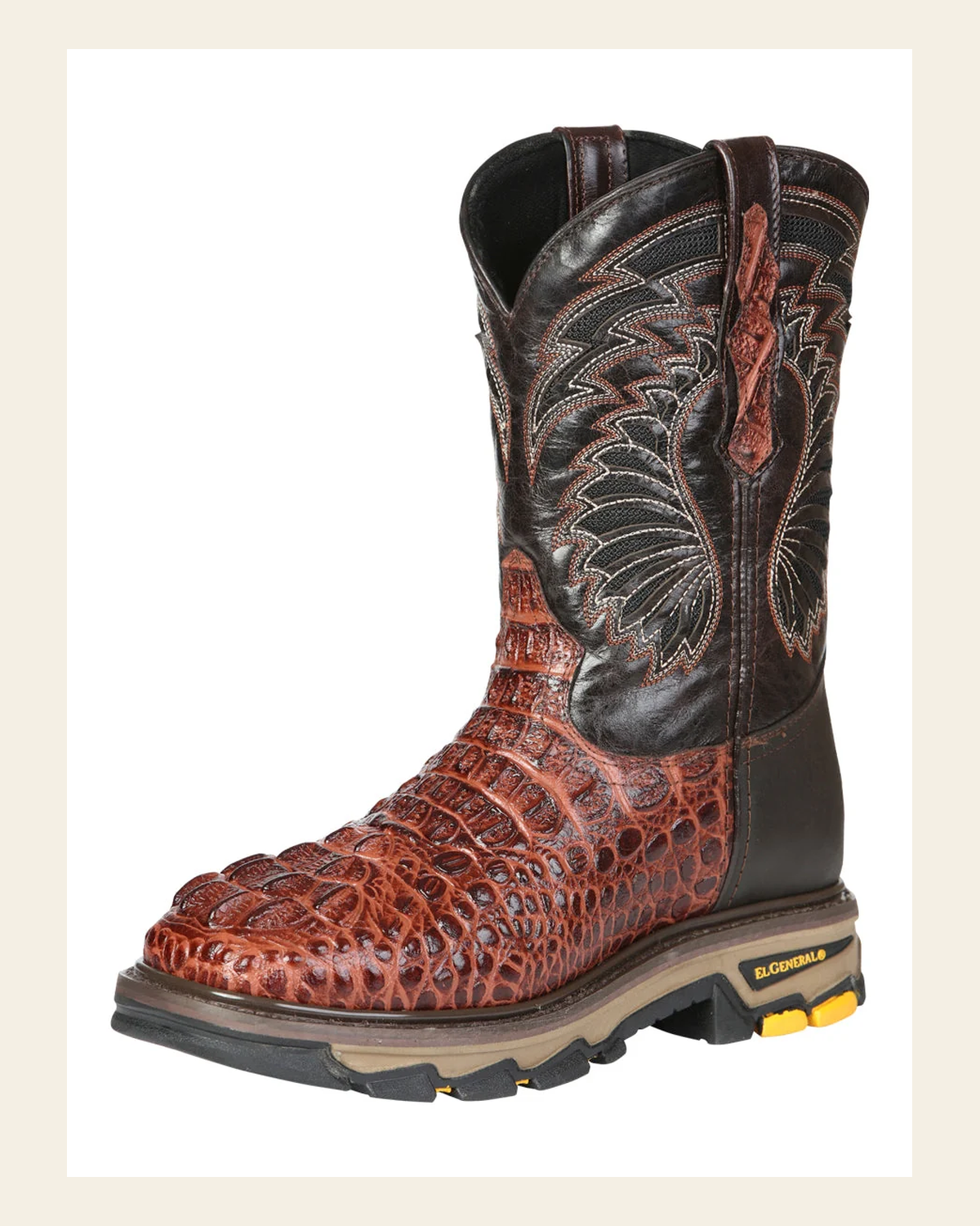 El General Men's Leather Work Boots - Made In Mexico - Embossed Caiman Print - Cognac 45815 on a warm cream background