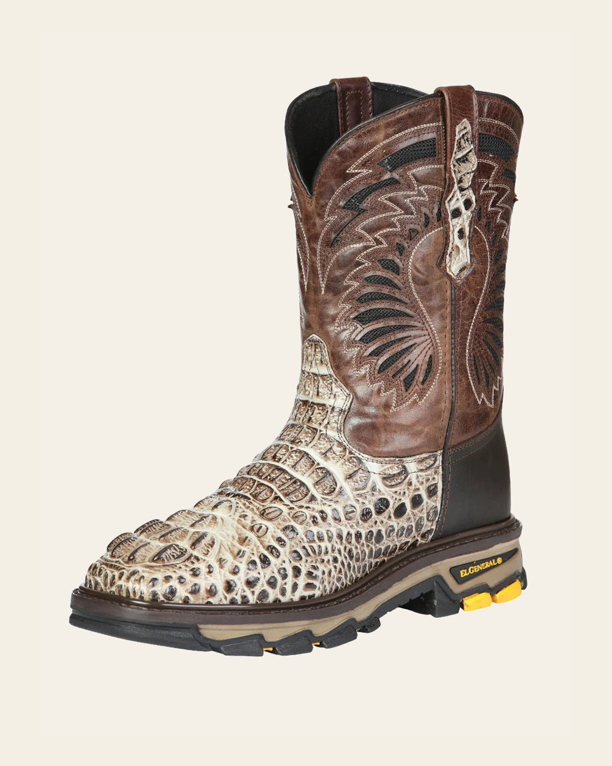 El General Men's Leather Work Boots - Made in Mexico - Printed Caiman -Sand 45816 on a warm cream background