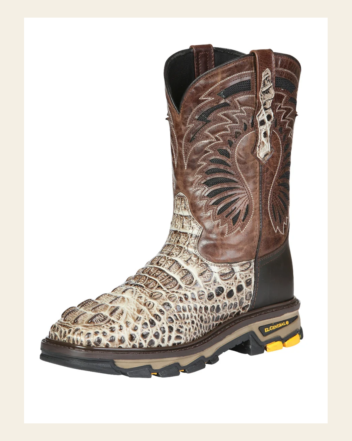 El General Men's Leather Work Boots - Made in Mexico - Printed Caiman -Sand 45816 on a warm cream background