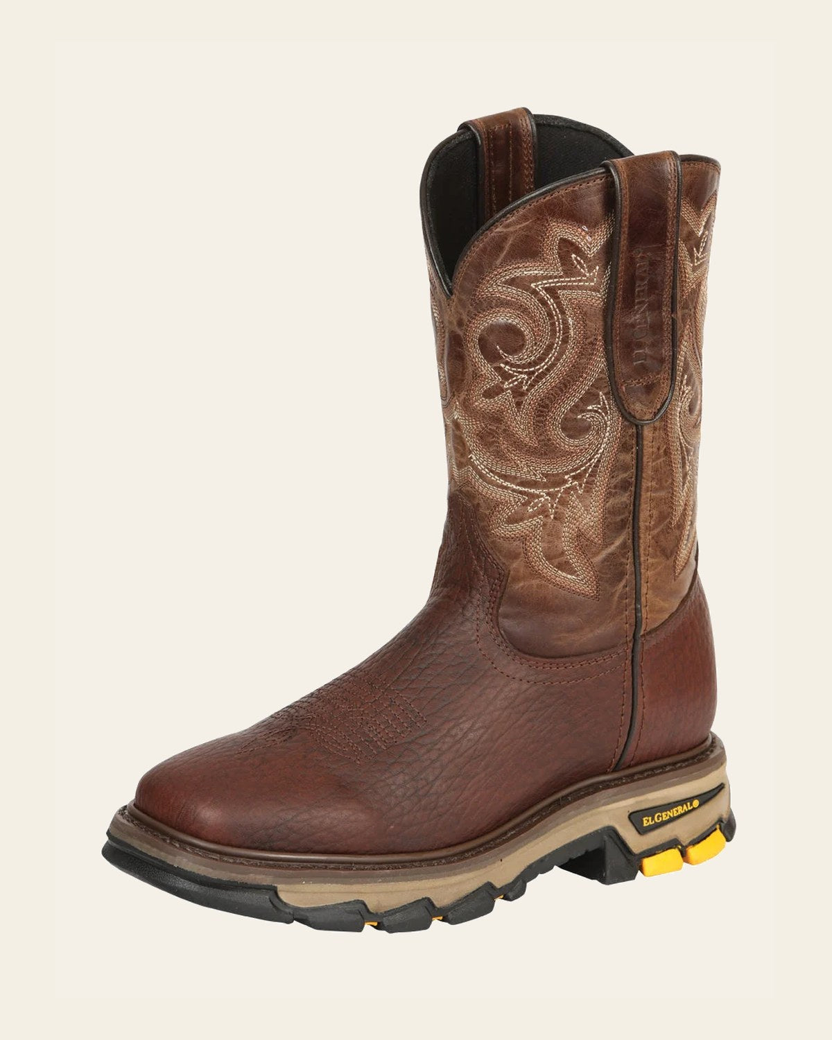 El General Men's Leather Work Boots - Made In Mexico - Vistone Bomber Brown 45805 on a warm cream background