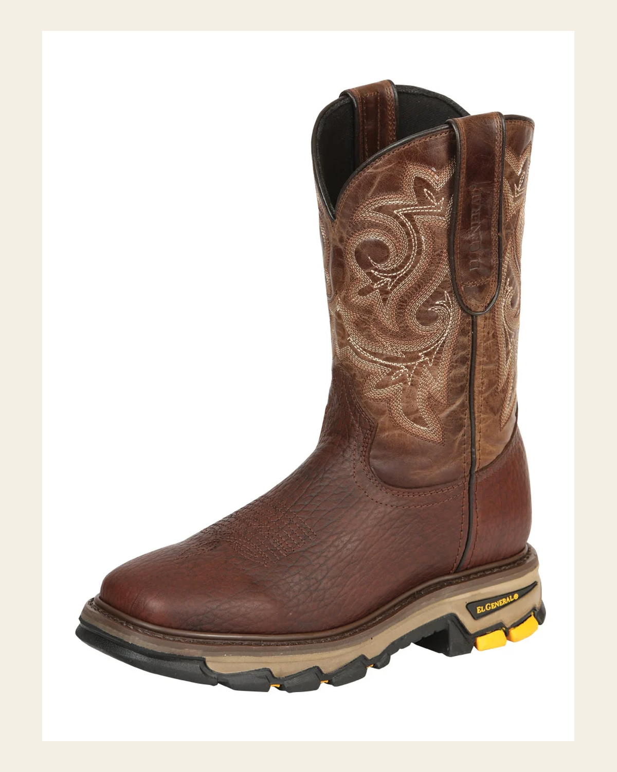 El General Men's Leather Work Boots - Made In Mexico - Vistone Bomber Brown 45805 on a warm cream background