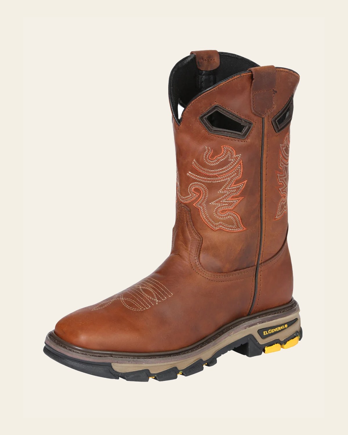 El General Men's Leather Work Boots - Made In Mexico - Kansas 45812 on a warm cream background