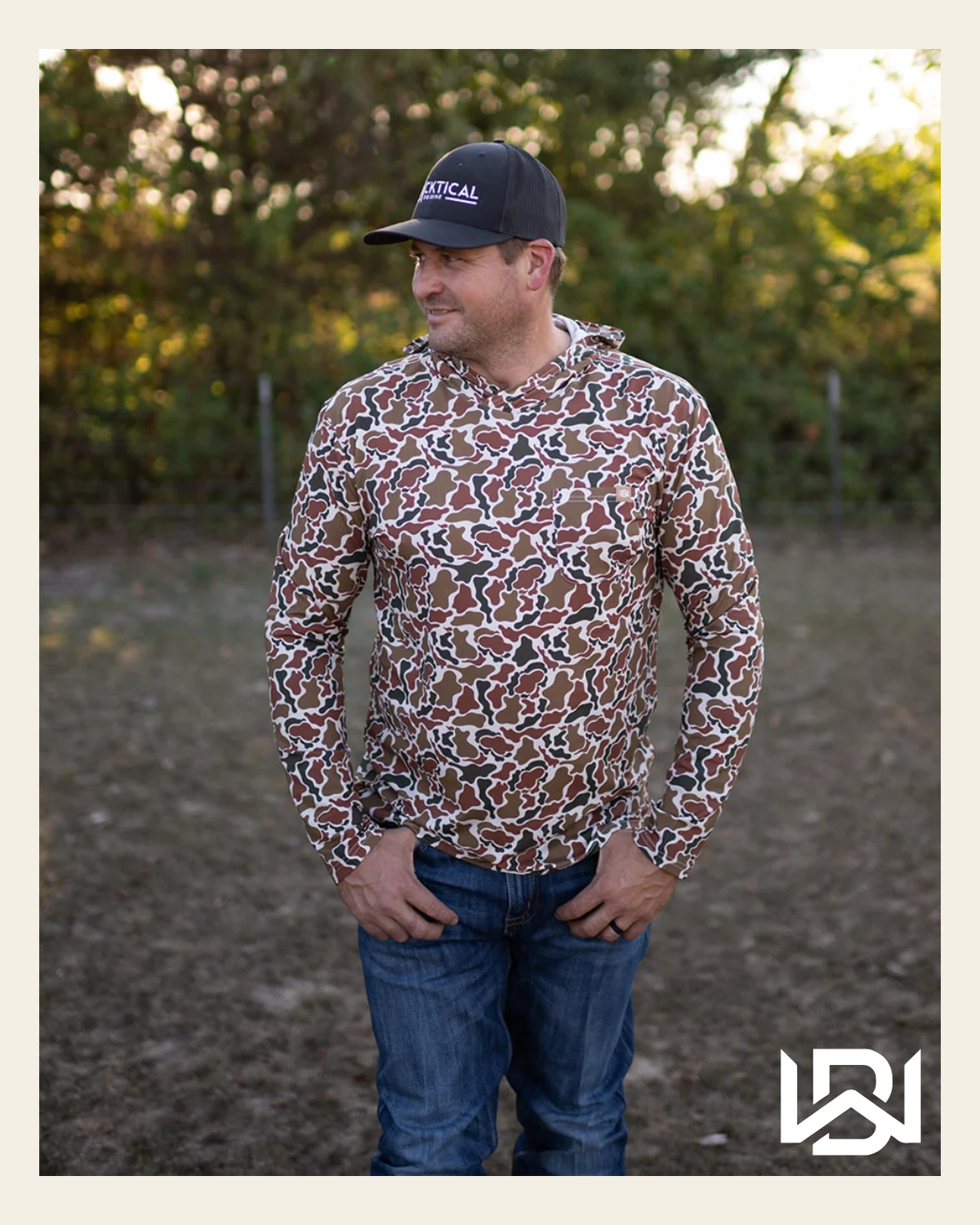 Westbound Hooded Longsleeve Shirt - Outlaw Camo on a warm cream background