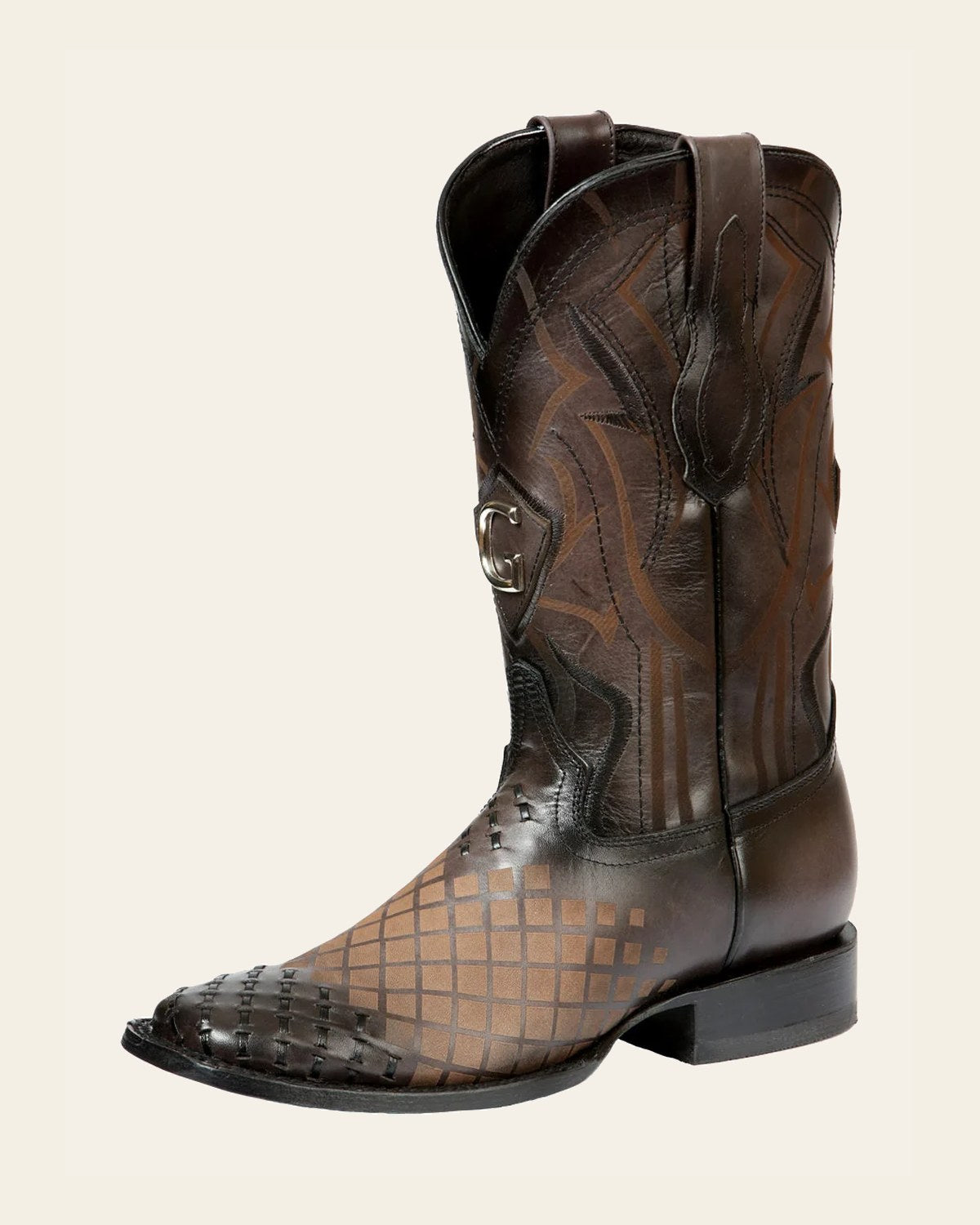 El General Men's Leather Cowboy Boots - Made in Mexico - Woven Lazer Pattern Gray 45172 on a warm cream background