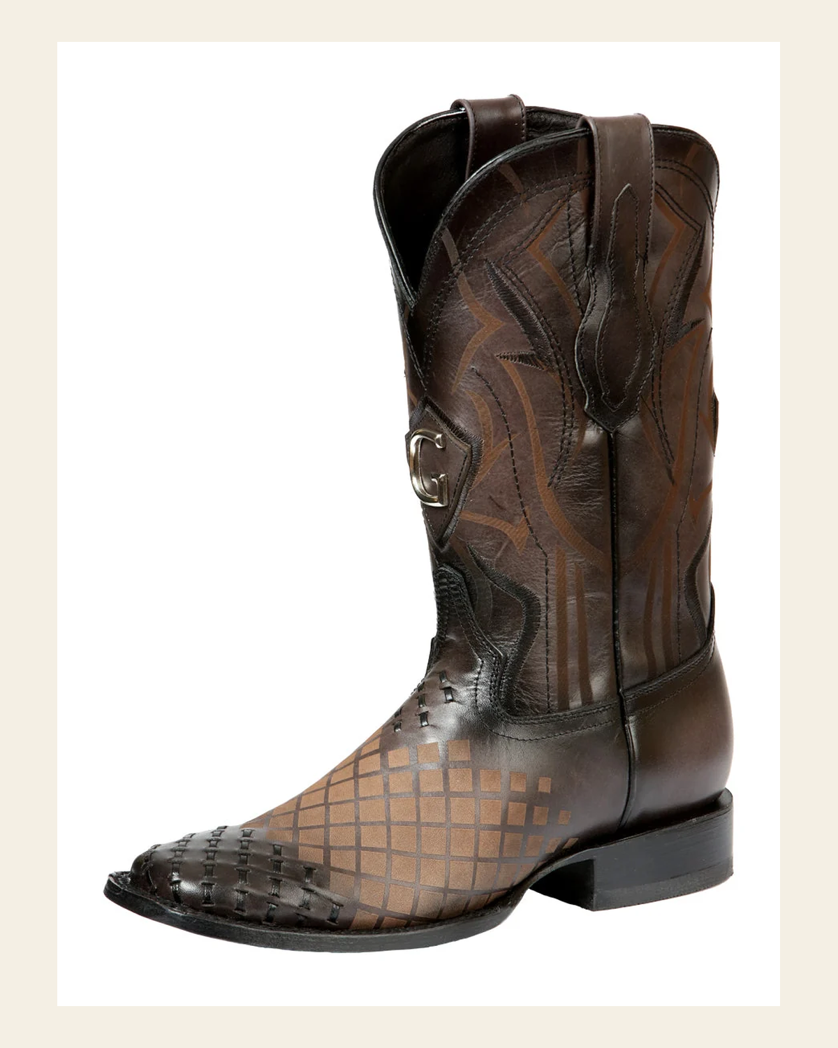 El General Men's Leather Cowboy Boots - Made in Mexico - Woven Lazer Pattern Gray 45172 on a warm cream background