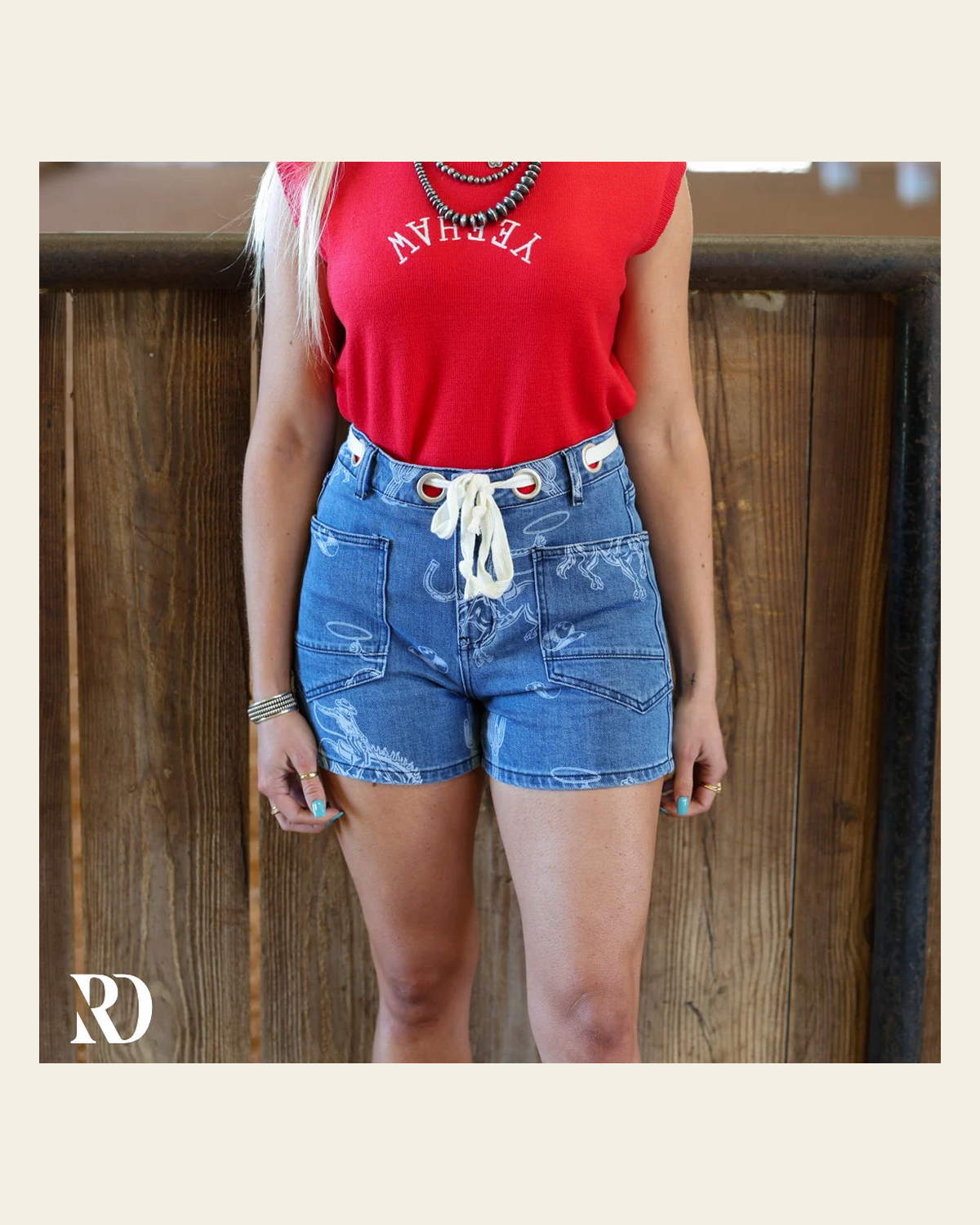 Mesa Western Print Denim | Shorts on a warm cream background