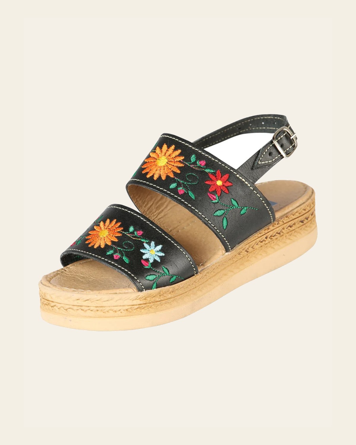 Mexica Artisanal Sandals Leather Black 603953 on a warm cream background