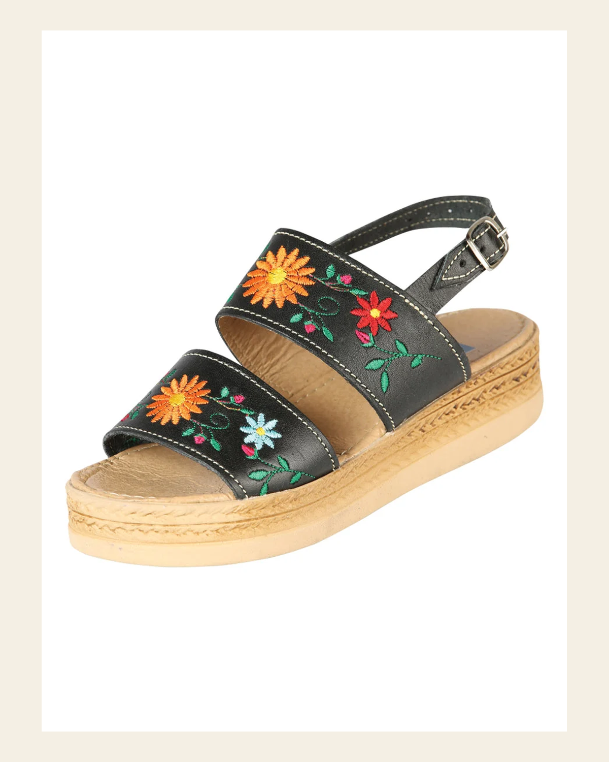 Mexica Artisanal Sandals Leather Black 603953 on a warm cream background