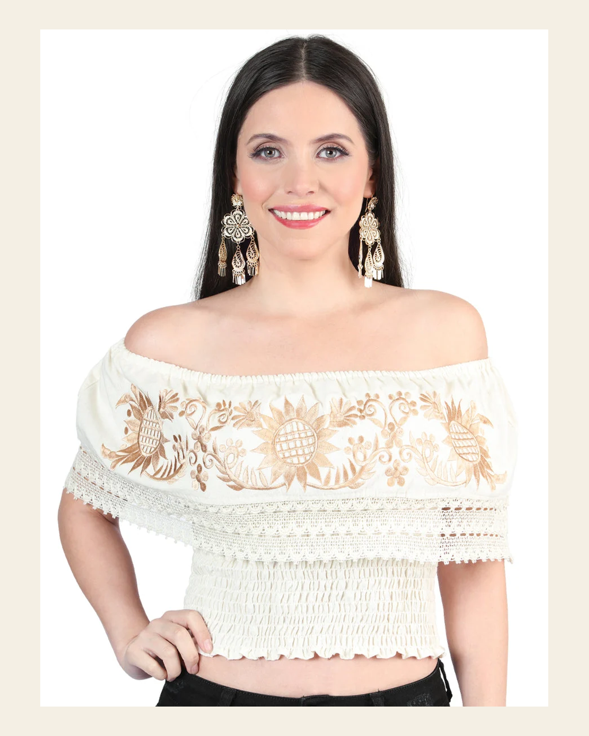 Artisanal Embroidered Blouse 100% Cotton Beige 603970 on a warm cream background