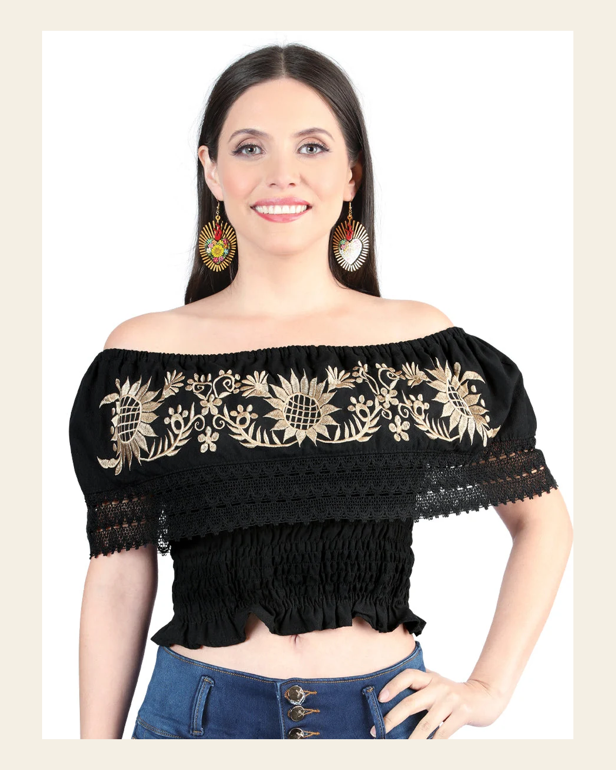 Artisanal Embroidered Blouse 100% Cotton Black 603969 on a warm cream background