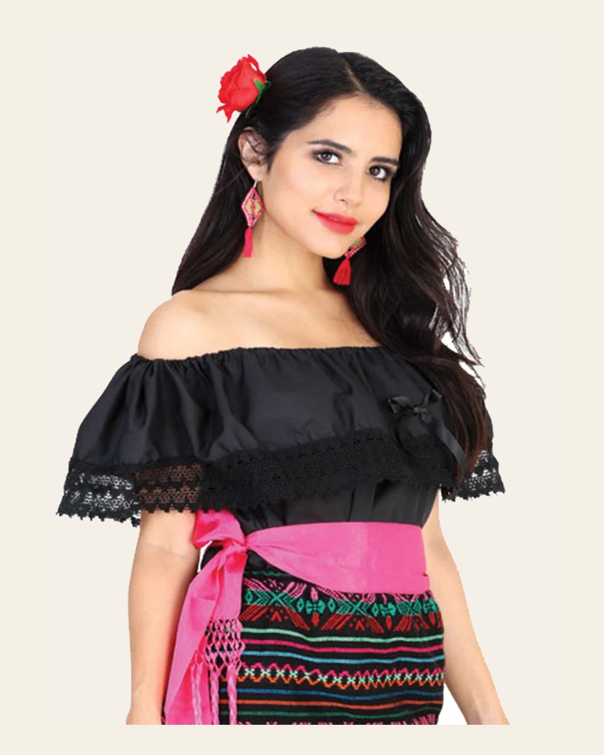 Mexican Artisanal Blouse 50% Cotton, %50 Polyester Black 602095 on a warm cream background