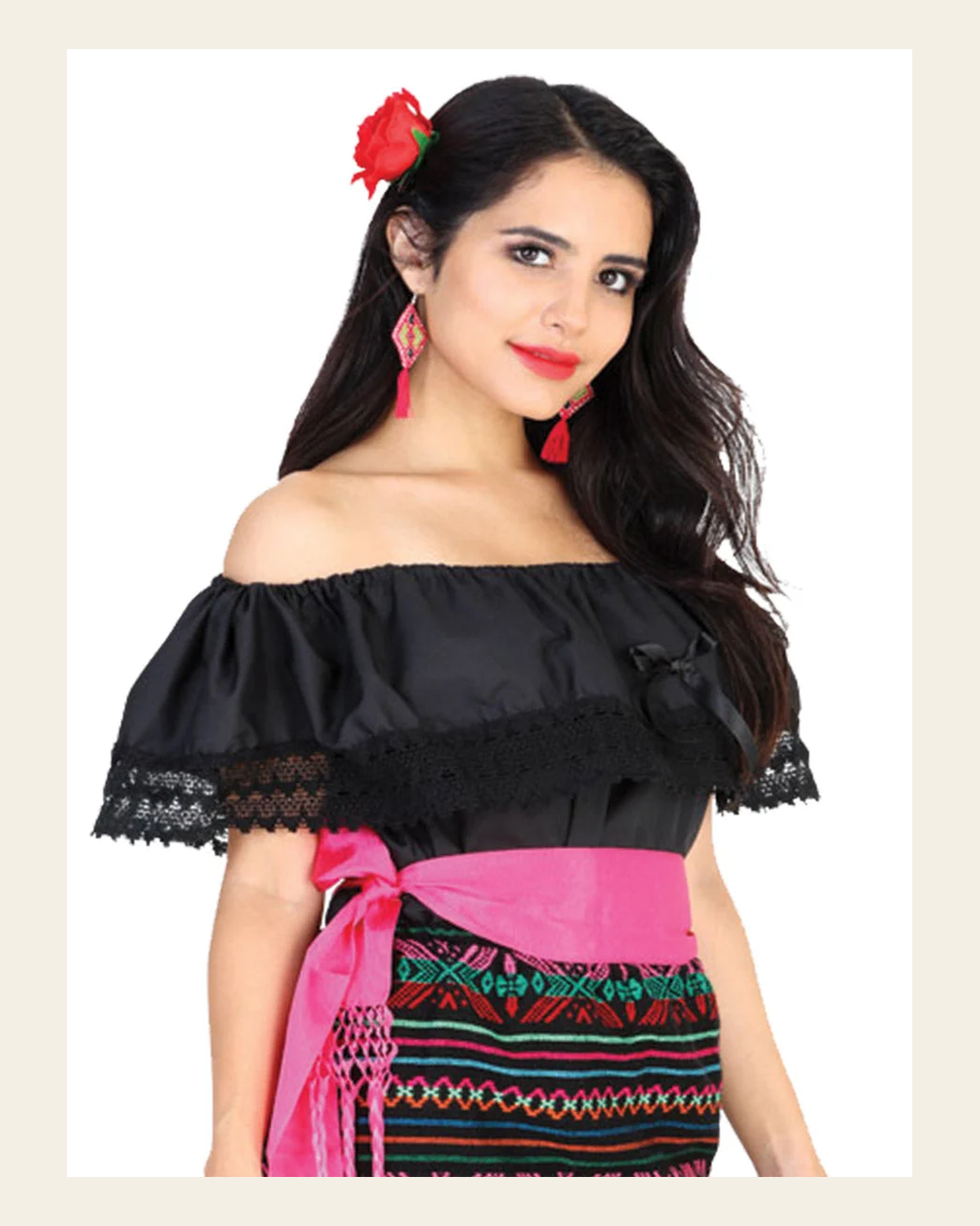 Mexican Artisanal Blouse 50% Cotton, %50 Polyester Black 602095 on a warm cream background