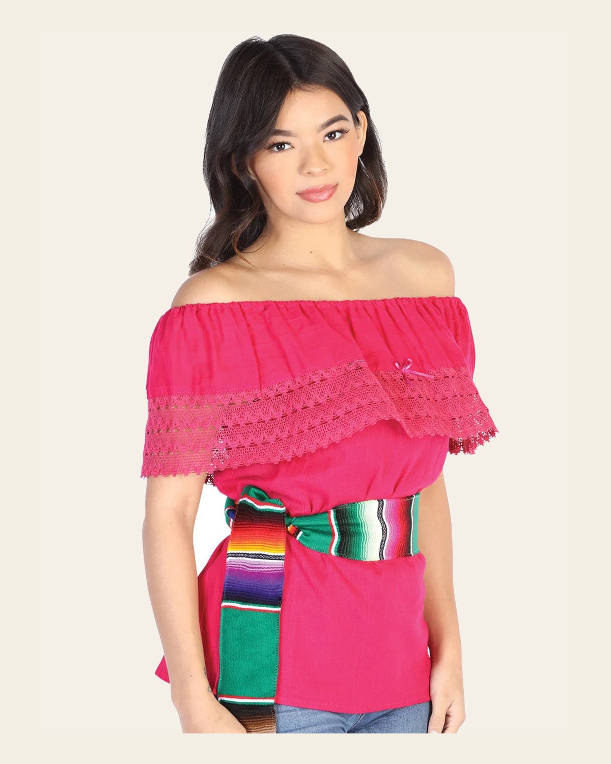 Mexican Artisanal Blouse 50% Cotton, %50 Polyester Fuchsia 602489 on a warm cream background