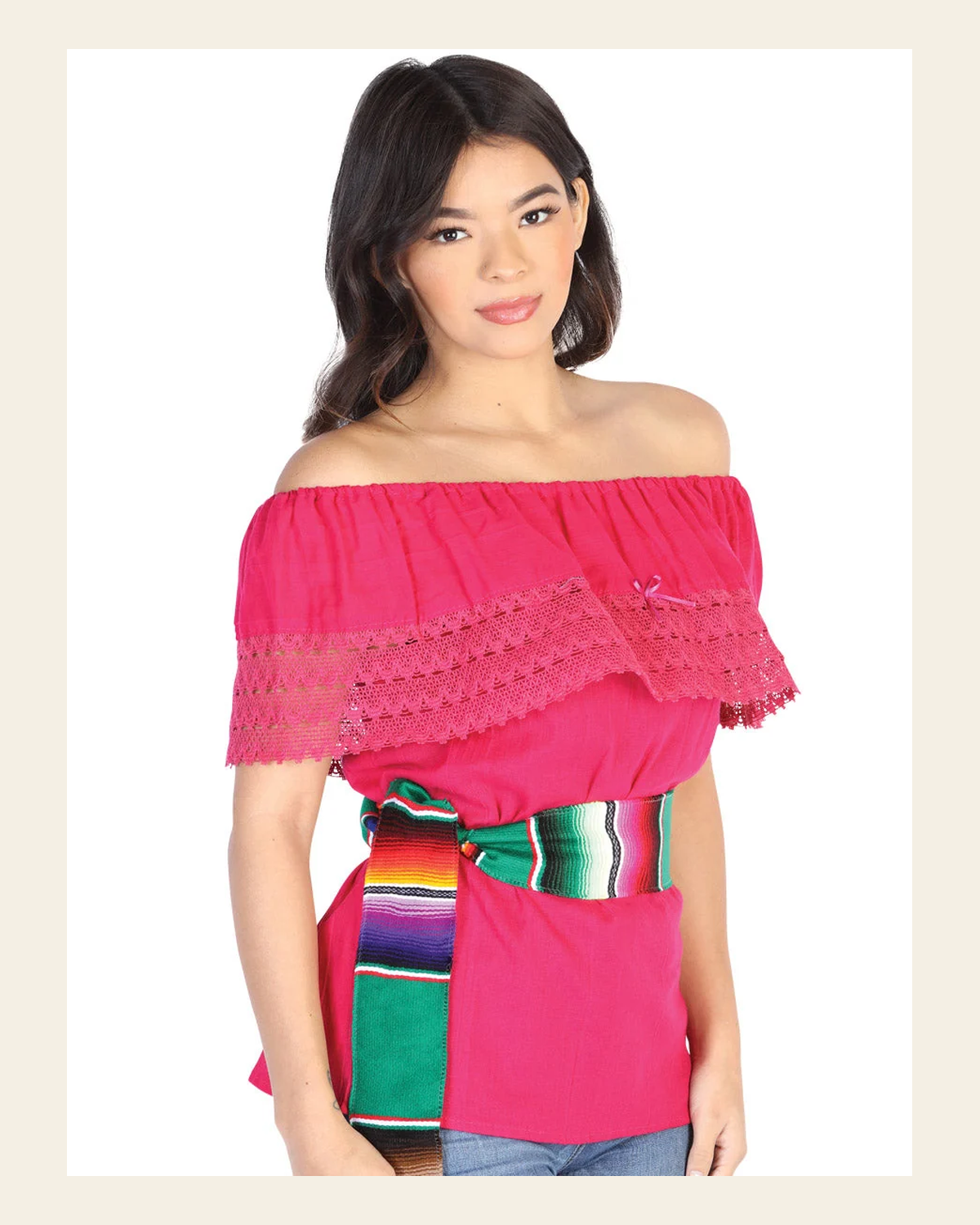 Mexican Artisanal Blouse 50% Cotton, %50 Polyester Fuchsia 602489 on a warm cream background