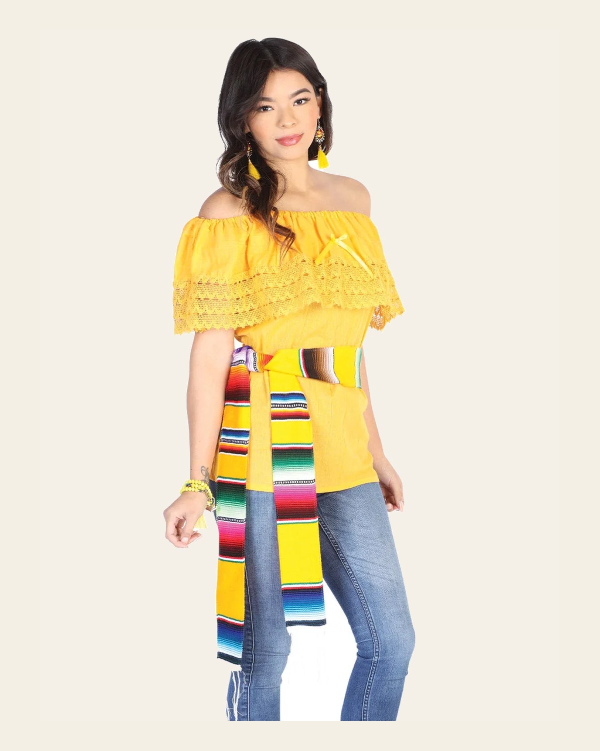 Mexican Artisanal Blouse 50% Cotton, %50 Polyester Yellow 602529 on a warm cream background