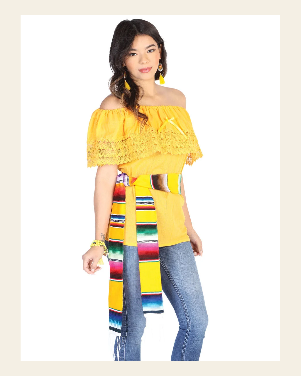 Mexican Artisanal Blouse 50% Cotton, %50 Polyester Yellow 602529 on a warm cream background